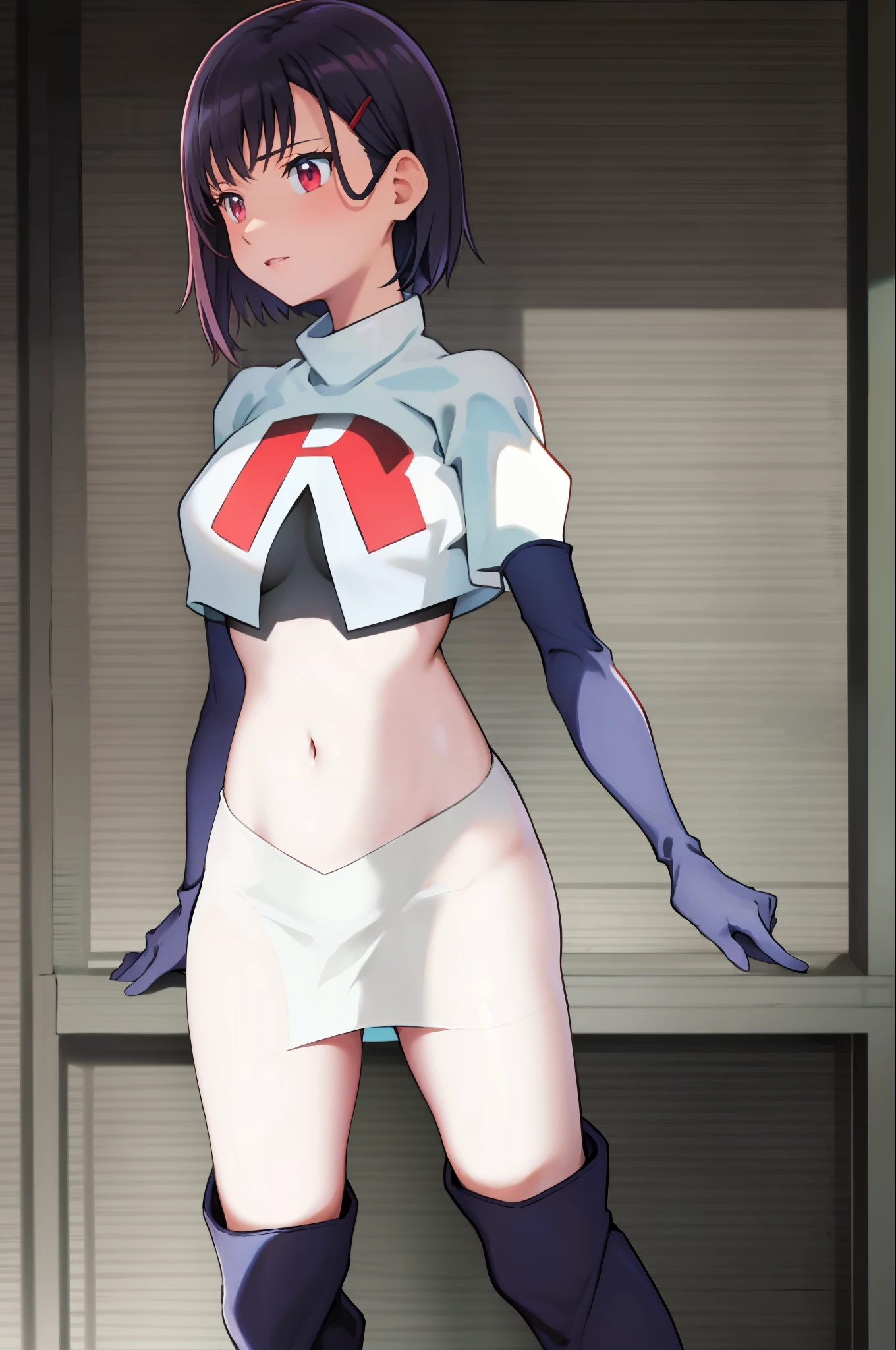masterpiece, best quality, MShizukaV4, 1girl, solo, hair ornament, navel, medium breasts, standing, hairclip, team rocket, team rocket uniform, red letter R, white skirt, white crop top, black thigh-high boots, black elbow gloves,