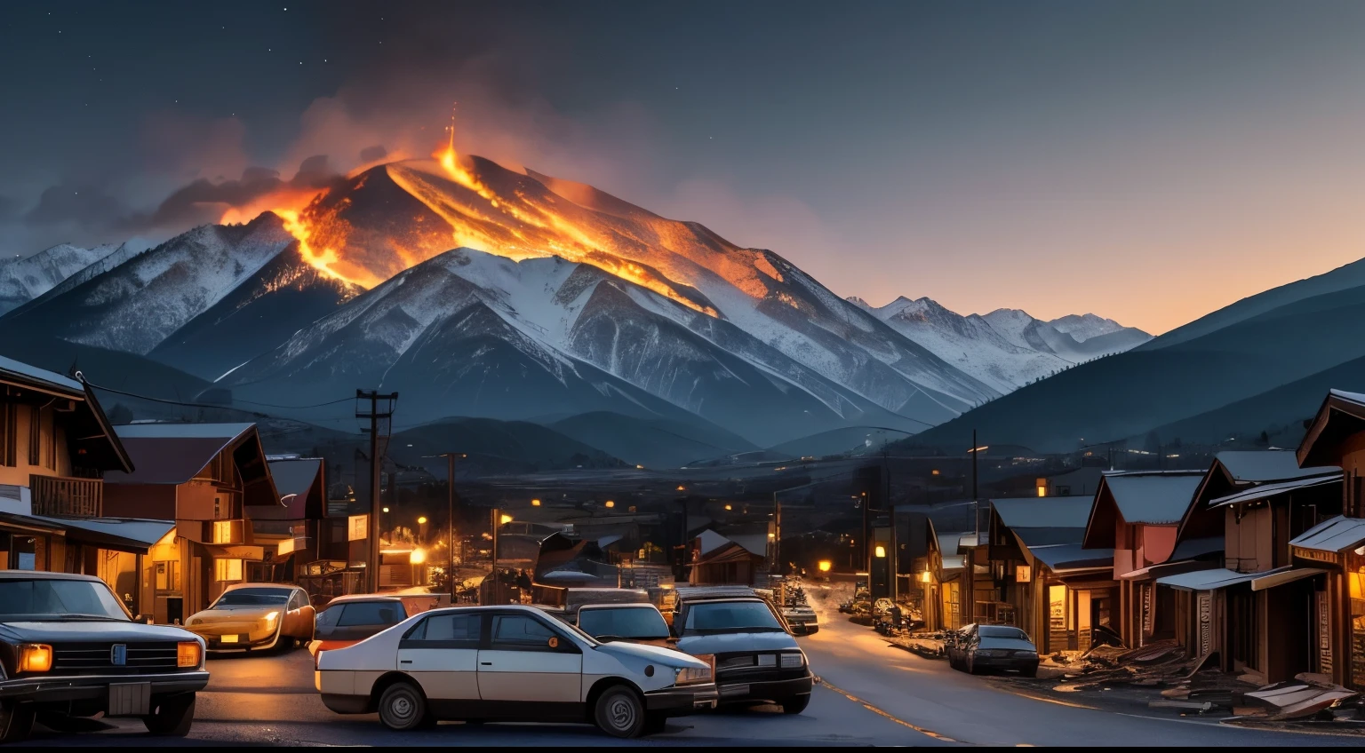 A mountain town at night, fires, chaos, damage, broken down cars