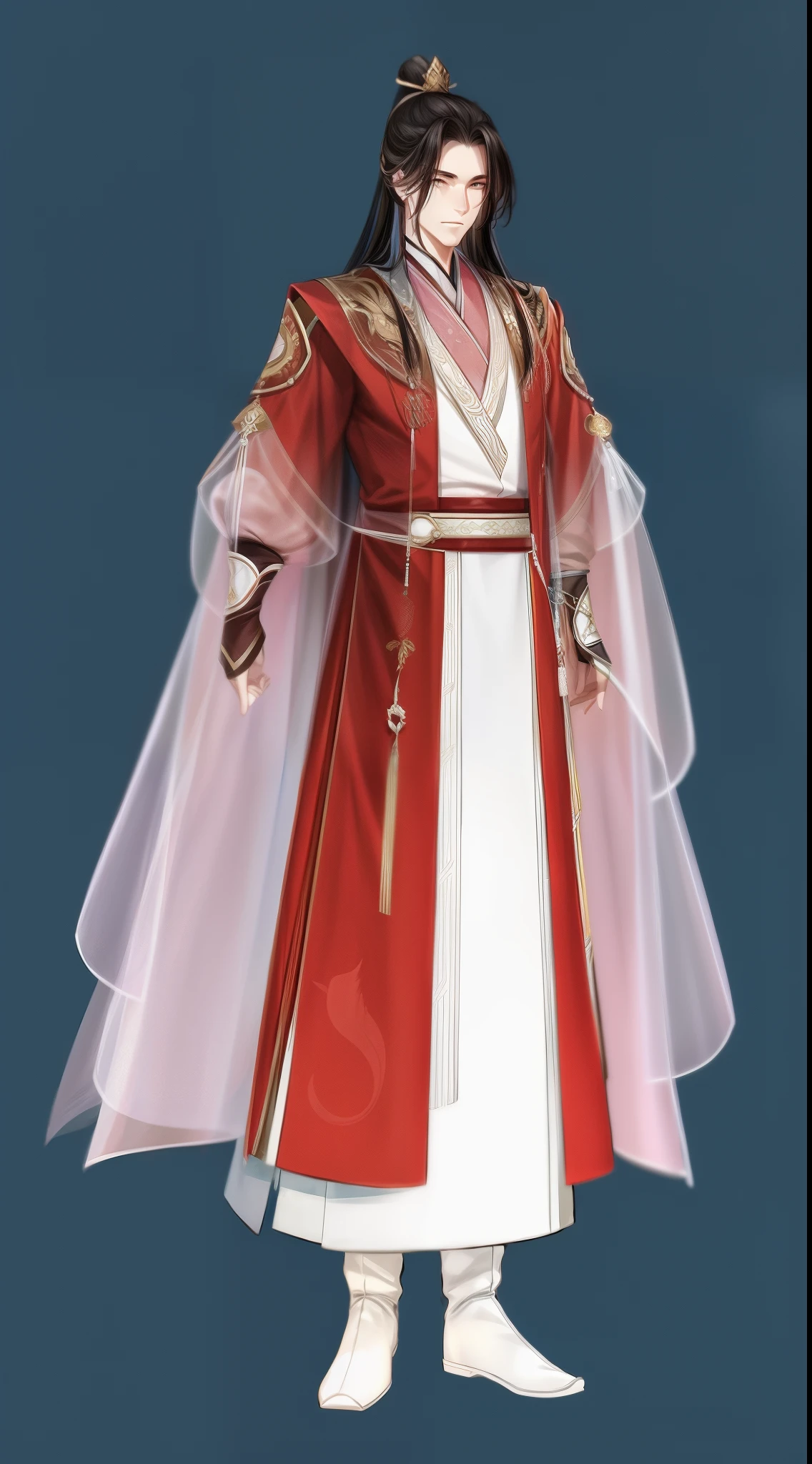 Character concept design, 2D graphic style, ancient Chinese costumes, elegant scholars, 1boy, male focus, long hair, solo, white background, full body, chinese clothes, standing, hanfu, background, gloves, wide sleeves, holding, white footwear, long sleeves, looking at viewer, boots