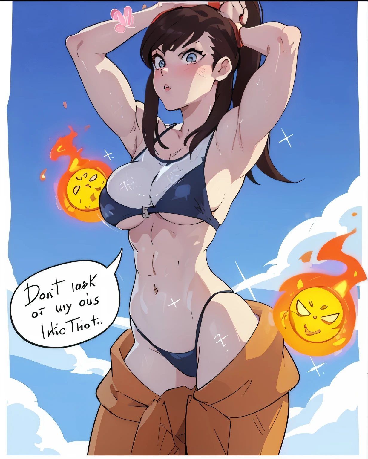 cartoon of a woman in a bikini with a fireball in her hand, chun li at the gym, thicc, overwatch tracer in a bikini, female protagonist 👀 :8, saiyan girl, most strongest pose, high quality fanart, female goku, tifa lockhart, attractive anime girl, in an anime style, seductive anime girl, (sfw) safe for work, beautiful eyes