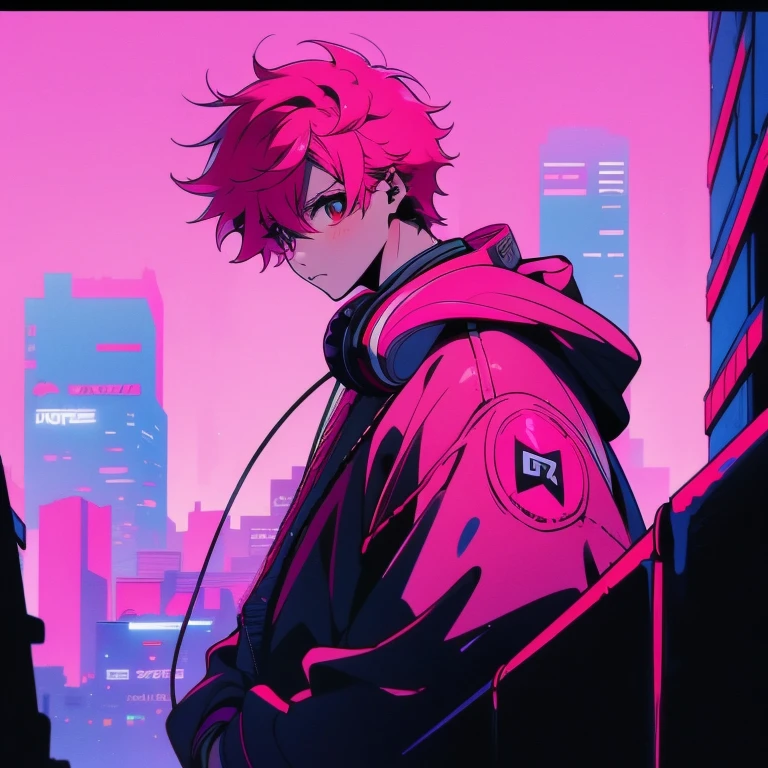 (short-cut), (Two-block hair), (vivid pink hair), (male character), (Red Eyes), (Cool pose), (of the highest quality), (​masterpiece), (ultra-detailliert), (Oversized hoodies), (Street), (neons), (Camera from a down angle), (Modern City), (neonsデイライト), (Cinematic), (Stylish), (hight resolution), (Hyper Detailed), (Looking at the camera), (Anime-style), (Softtown), (nightcore), (a handsome man), (Listening to music through headphones), (natural appearance of the building), (casual), (ig studios anime style), (Super beautiful angle of view),