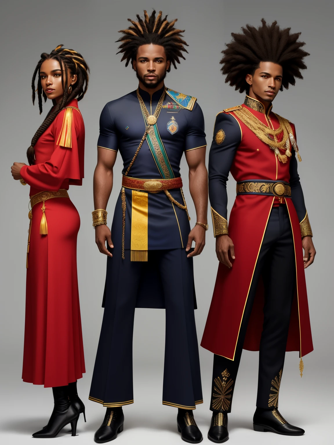 Create an image of a black ninja after an apocalypse in the future, afro cabelo caindo para frente, Rasta type but braided, corpo inteiro, vestindo um traje indiano ribulo africano corpo inteiro, A realistic 4K phoenix with blue feathers, dourado, cosmico , com uma Moreno, de cabelo afro cabelo caindo para frente, Rasta type but braided, Estilo Art Vista de Corpo Inteiro, plano completo, vista frontal, Vista lateral, vista traseira, de personagem, Multiple views and poses, various points of view, um personagem, corpo inteiro, personagem com menos, estilo de roupa, no mesmo Estilo de cabelo, less Type of footwear, strong full-body vision, plano completo, vista frontal, vista traseira, design de personagem, Multiple views and poses, various points of view, de um personagem, corpo inteiro,, personagem com mesmo, estilo de roupa, no mesmo Estilo de cabelo, same type of footwearThe route follows the cores of the Cape Verde flag. The top is deep blue, simbolizando o oceano que cerca as ilhas. The chest and the central part are white, representando a paz e a unidade do povo cabo-verdiano. The sleeves and legs are red, denoting determination and spirit, do 10 Estrelas Douradas, : Ten gold stars are prominently displayed at the top of the costume, ao longo do peito e ombros, representando as 10 principais ilhas de Cabo Verde. Cada estrela, It is carefully detailed and shines brightly against the background Star Belt A wide belt, also golden, is used in Tribal Details, O traje incorpora elementos tribais discretos em seu design, referencing the cultural heritage of Cape Verde