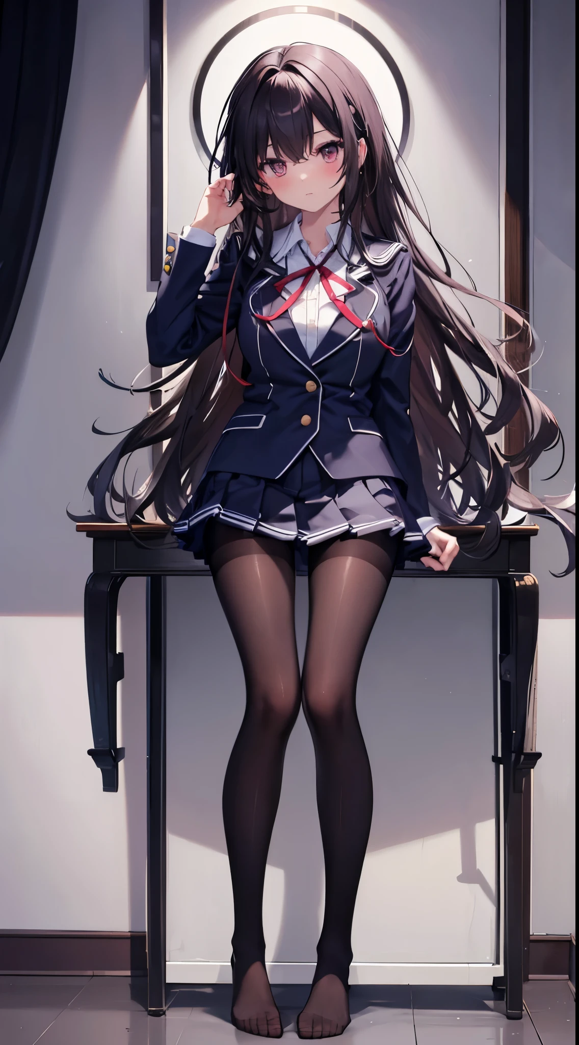 Finest, masterpiece, high definition, (full body), frontal, symmetrical, mature high school girl, solo, (full body from head to toe), small breasts, long hair, slightly messy hair, (black tights), ( (black pantyhose), black pantyhose, composition showing white panties, slender beautiful legs, a very beautiful 17-year-old girl (not wearing shoes) legs), blushing, shy big eyes, messy hair, looking at camera, showing white panties, white frilly lingerie, high school uniform blazer, high school uniform White blouse, high school uniform with blue ribbon, high school uniform with short plaid pattern and navy pleated skirt