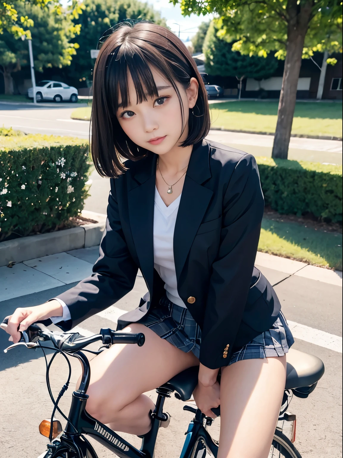 (​masterpiece、ultra-detailliert、8K、top-quality:1.5)、((Awesome))、smil、14-year-old idol、Shorthair with bangs、校服、((Dark blue blazer))、((Dark blue checked miniskirt))、((Straddling a bike))、a park