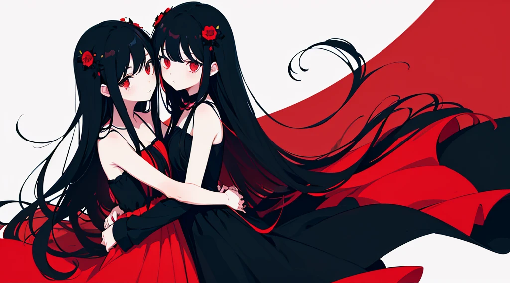 (2 girls, black hair, long hair, red eyes, black sundress, hug, cute, kawaii), (red moon, black flower field), (low contrast, flat color, limited palette)