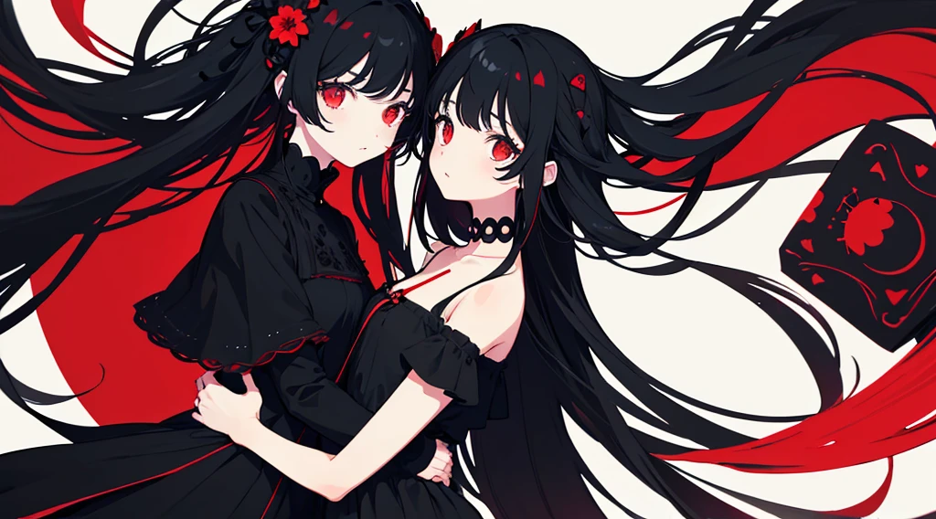 (2 girls, black hair, long hair, red eyes, black sundress, hug, cute, kawaii), (red moon, black flower field), (low contrast, flat color, limited palette)
