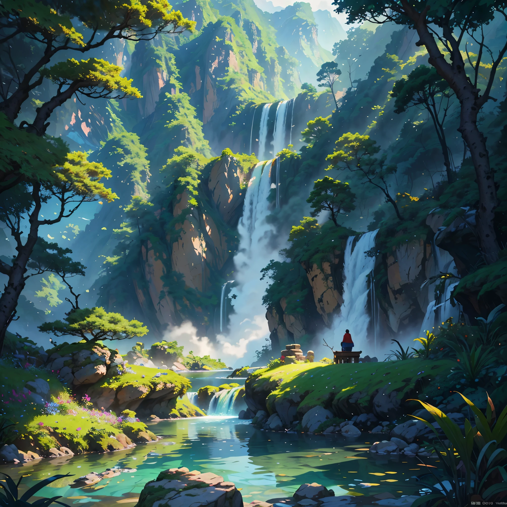 Chinese ancient times, spring, jungle, lake, cave, waterfall, tree, meadow, rock, deer, hot spring, water vapor, (illustration: 1.0), epic composition, realistic lighting, HD details, masterpiece, best quality, (very detailed CG unified 8k wallpaper) --v 6