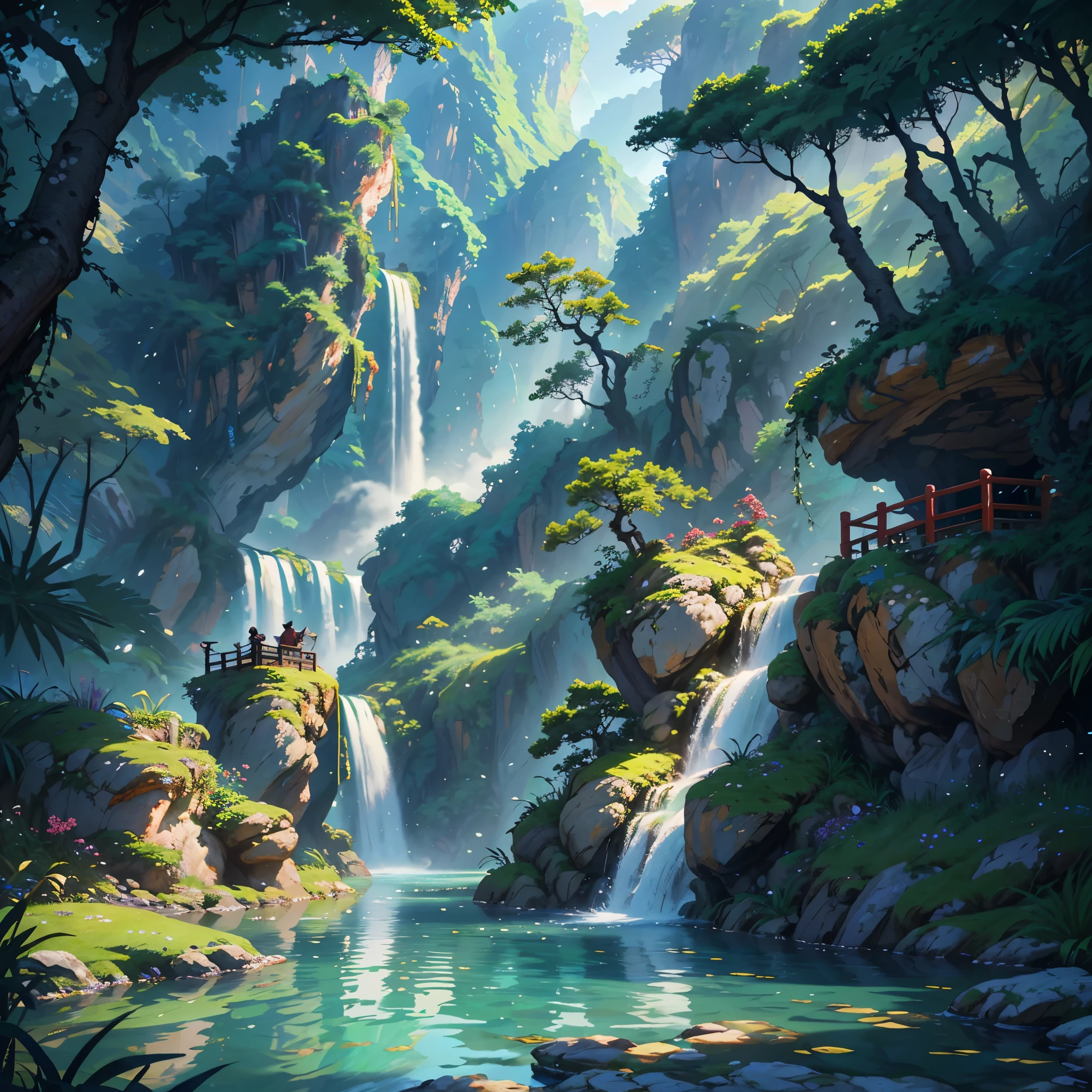 Chinese ancient times, spring, jungle, lake, cave, waterfall, tree, meadow, rock, deer, hot spring, water vapor, (illustration: 1.0), epic composition, realistic lighting, HD details, masterpiece, best quality, (very detailed CG unified 8k wallpaper) --v 6