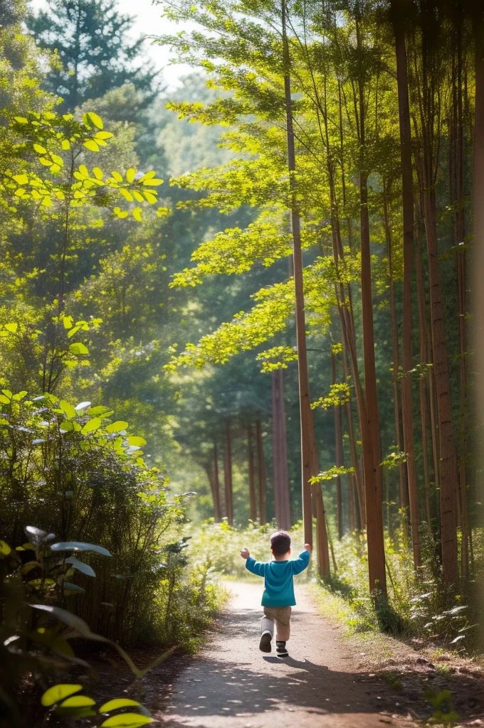 there is a young boy that is playing in the woods, adorable digital painting, expressing joy. by krenz cushart, childrens art in artstation, happy kid, enjoying a stroll in the forest, inspired by Goro Fujita, by Yeong-Hao Han, jaeyeon nam, inspired by Yeong-Hao Han, by Kim Eung-hwan