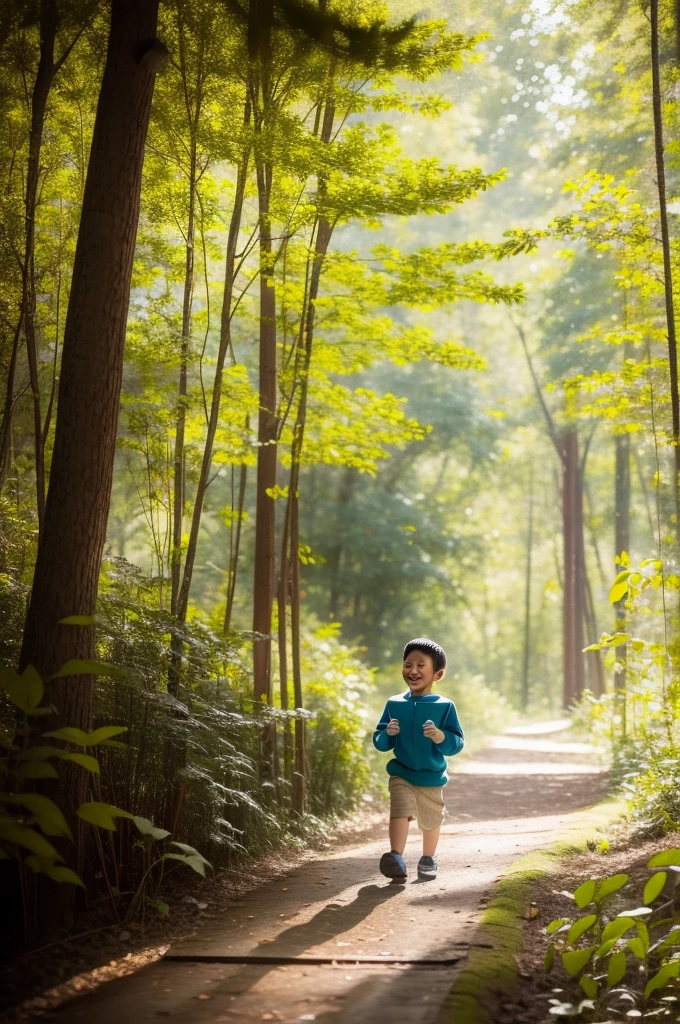 there is a young boy that is playing in the woods, adorable digital painting, expressing joy. by krenz cushart, childrens art in artstation, happy kid, enjoying a stroll in the forest, inspired by Goro Fujita, by Yeong-Hao Han, jaeyeon nam, inspired by Yeong-Hao Han, by Kim Eung-hwan