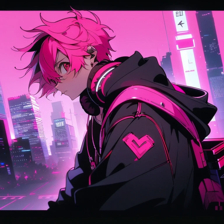 (short-cut), (Two-block hair), (vivid pink hair), (male character), (Red Eyes), (Cool pose), (of the highest quality), (masterpiece), (ultra-detailliert), (Oversized hoodies), (Street), (neons), (Camera from a down angle), (Modern City), (neonsデイライト), (Cinematic), (Stylish), (hight resolution), (Hyper Detailed), (Looking at the camera), (Anime-style), (Softtown), (nightcore), (a handsome man), (Listening to music through headphones), (natural appearance of the building), (casual), (ig studios anime style), (Super beautiful angle of view),