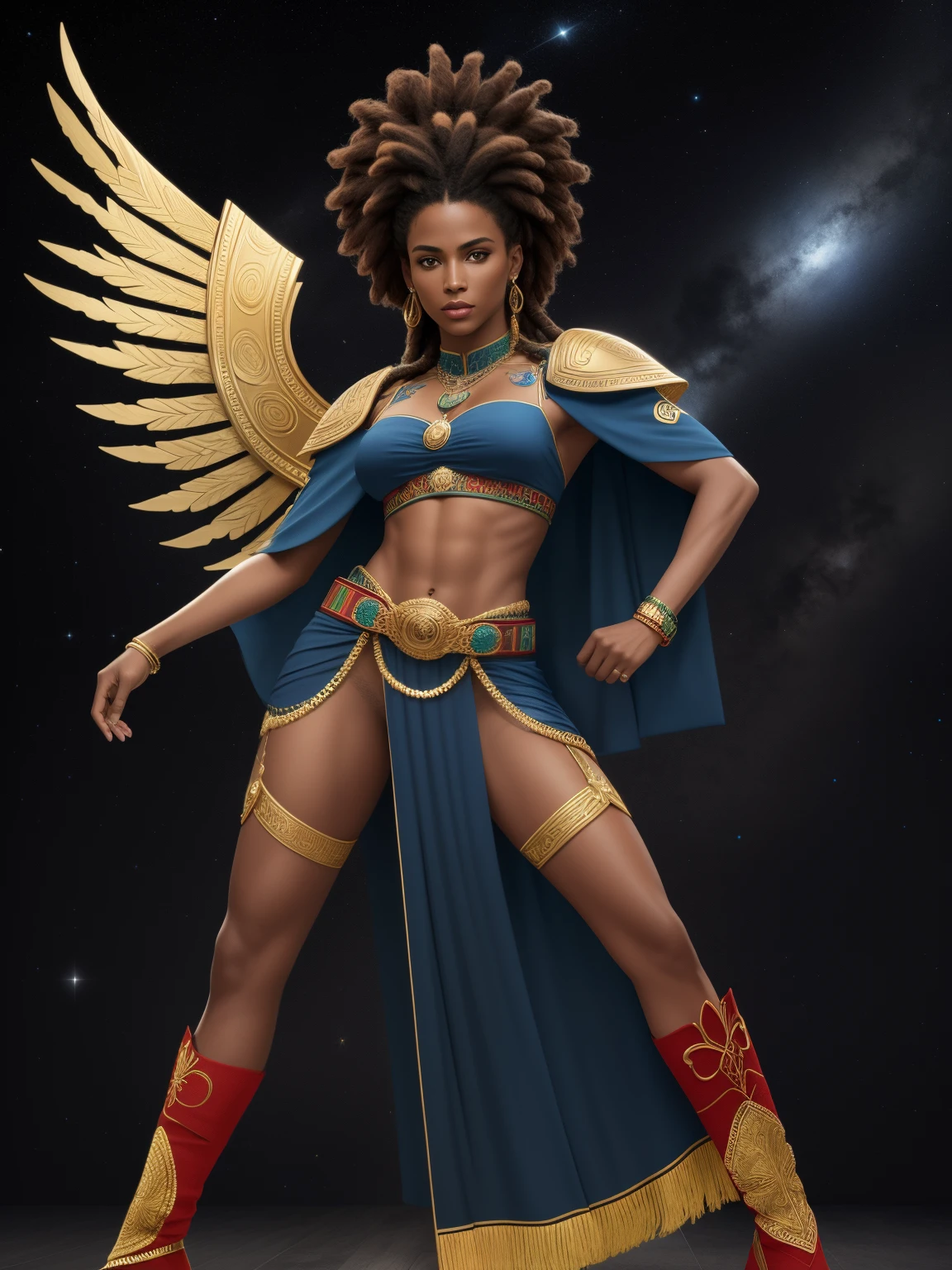 Create an image of a black ninja after an apocalypse in the future, afro cabelo caindo para frente, Rasta type but braided, corpo inteiro, vestindo um traje indiano ribulo africano corpo inteiro, A realistic 4K phoenix with blue feathers, dourado, cosmico , com uma  Moreno, de cabelo afro cabelo caindo para frente, Rasta type but braided, Estilo Art Vista de Corpo Inteiro, plano completo, vista frontal, Vista lateral, vista traseira, de personagem, Multiple views and poses, various points of view, um personagem, corpo inteiro, personagem com menos, estilo de roupa, no mesmo Estilo de cabelo, less Type of footwear, strong full-body vision, plano completo, vista frontal, vista traseira, design de personagem, Multiple views and poses, various points of view, de um personagem, corpo inteiro,, personagem com mesmo, estilo de roupa, no mesmo Estilo de cabelo, same type of footwearThe route follows the cores of the Cape Verde flag. The top is deep blue, simbolizando o oceano que cerca as ilhas. The chest and the central part are white, representando a paz e a unidade do povo cabo-verdiano. The sleeves and legs are red, denoting determination and spirit, do 10 Estrelas Douradas, : Ten gold stars are prominently displayed at the top of the costume, ao longo do peito e ombros, representando as 10 principais ilhas de Cabo Verde. Cada estrela, It is carefully detailed and shines brightly against the background Star Belt A wide belt, also golden, is used in Tribal Details, O traje incorpora elementos tribais discretos em seu design, referencing the cultural heritage of Cape Verde