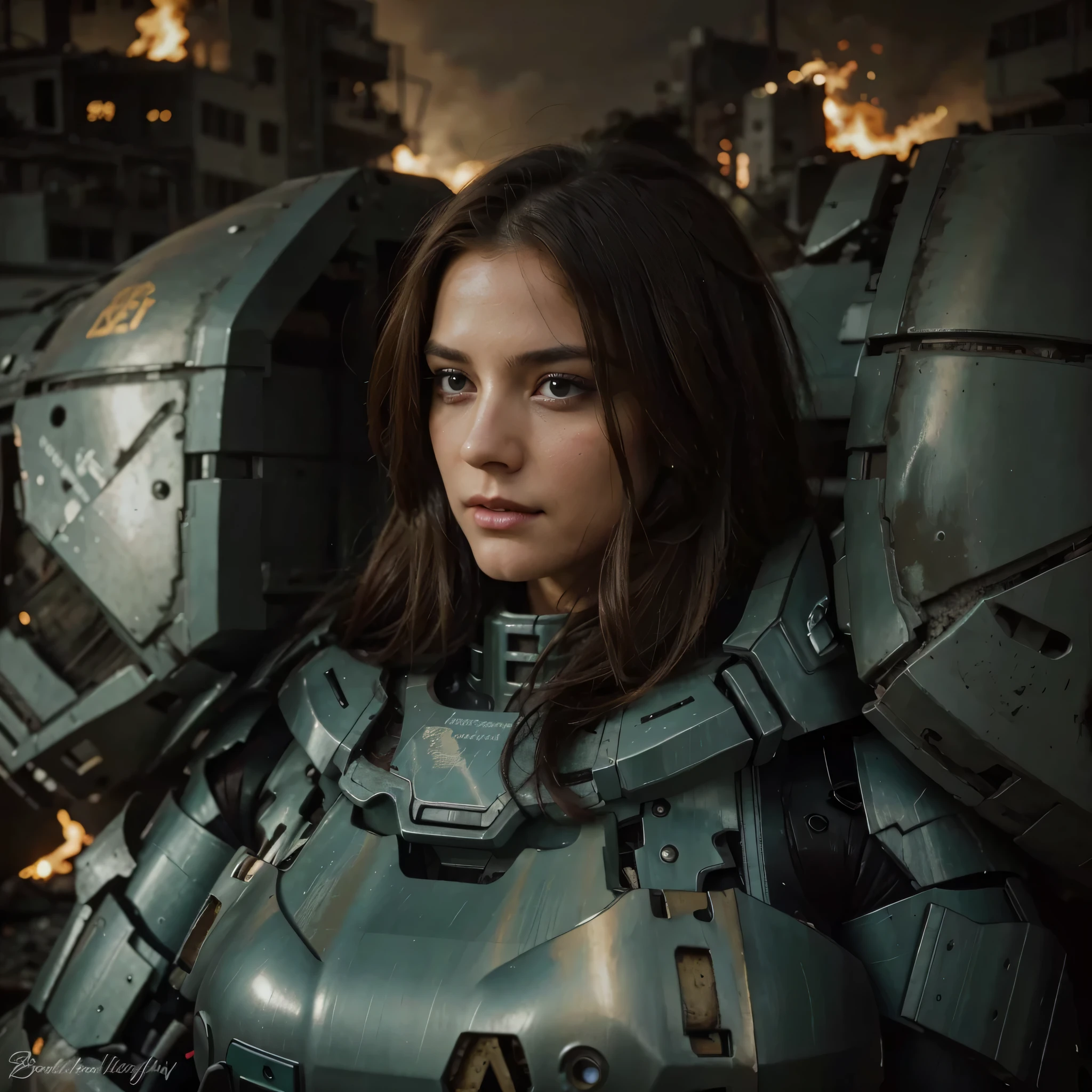 Hermosa mujer soldado, Cara alemana, parece cansada., brown eyes with sad expression, long brown hair, labios beutyful, He dressed in a heavy cybernetic mechanical suit with many teeth and scratches on his armor.. (Realistic metallic effect) color gris con detalles azul verdoso, she is in a totally destroyed modern city, mucho fuego, mucho humo, escombros, 4k, Ultra detallado image, realista, Altamente detallado, perfect composition, splendid, Intrincadamente detallado, Incredibly detailed, 8 k artistic photography, hiper detallado, Obra maestra, Ultra detallado, Hyper realista, 4k, Ultra detallado image, realista, Altamente detallado, perfect composition, splendid, Intrincadamente detallado, Incredibly detailed, 8K fine art photography, hiper detallado, Obra maestra