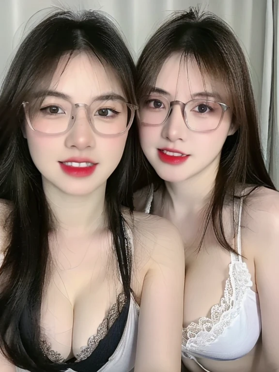 (realistic, high resolution:1.3), 2 girls with perfect figure,(((2 girls:1.4))), glasses, smile, ((pale white skin:1.3)) ,(gigantic breasts:1.3), looking at viewers, super fine face and eyes, long hair, white transparent lace veil: 1.2 , in bedroom, sit on the bed, , exposed cleavage, upper body, half body