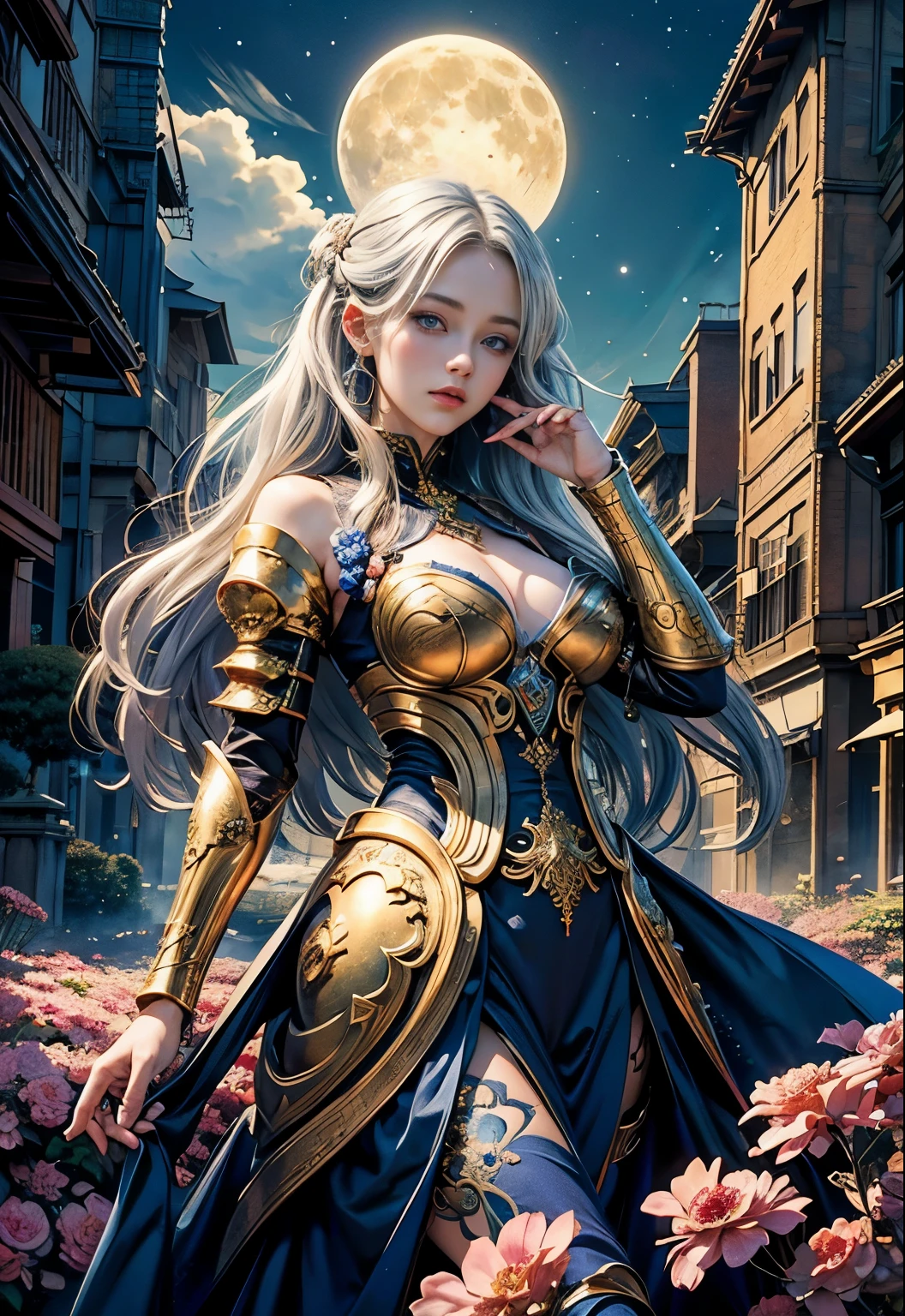 (masutepiece, of the highest quality, Best Quality, Official art, Beautiful and aesthetic:1.2), (1girl in), ighly detailed,(Fractal Art:1.3),Colorful,highest details, she has silver hair and blue eyes, There is a full moon in the background, she is wearing a golden luxurious dress