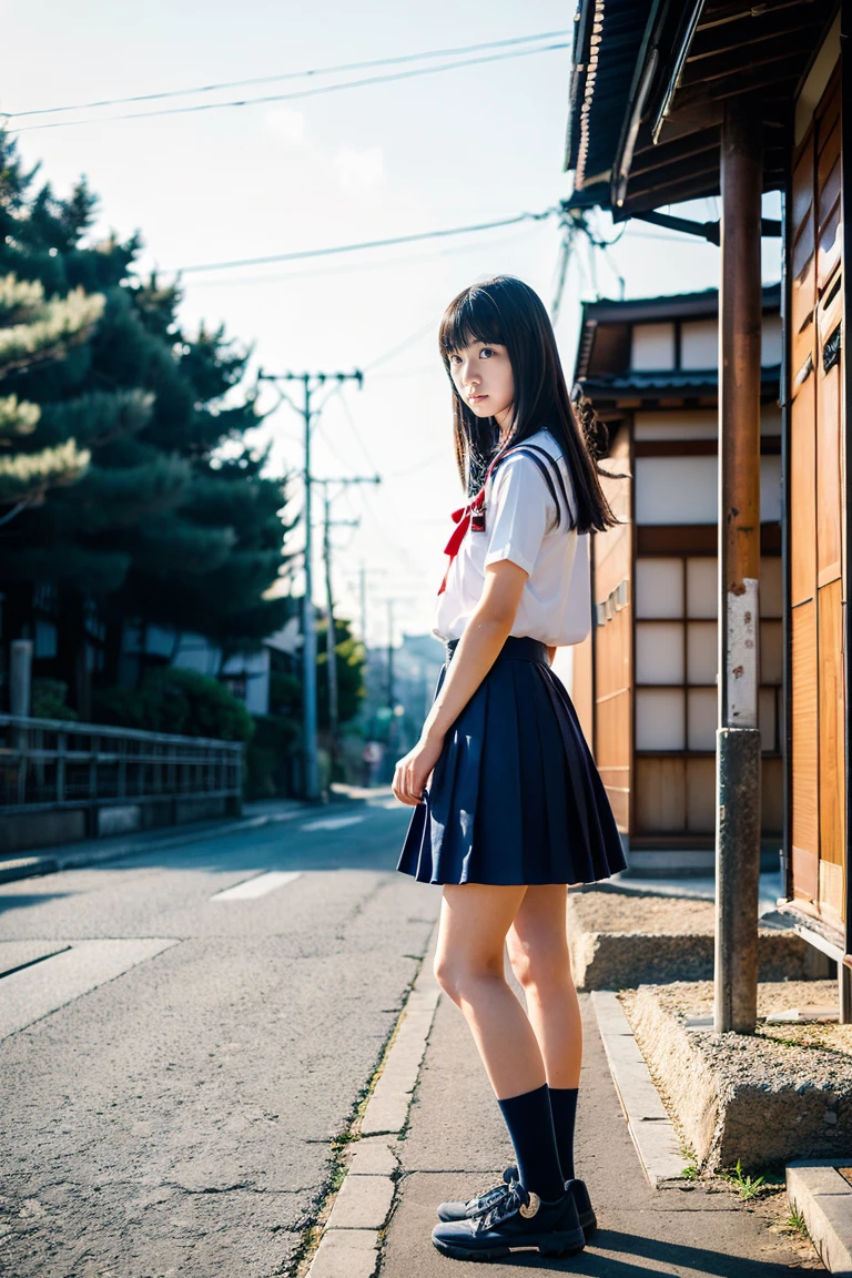 With the best image quality、Teenage girl standing outdoors。In high resolution、Beautiful fine details、tranquil atmosphere。(((Black hair bob hair)))、Cute smile。White short-sleeved sailor suit、Navy blue pleated skirt、Navy blue socks、Brown loafers
