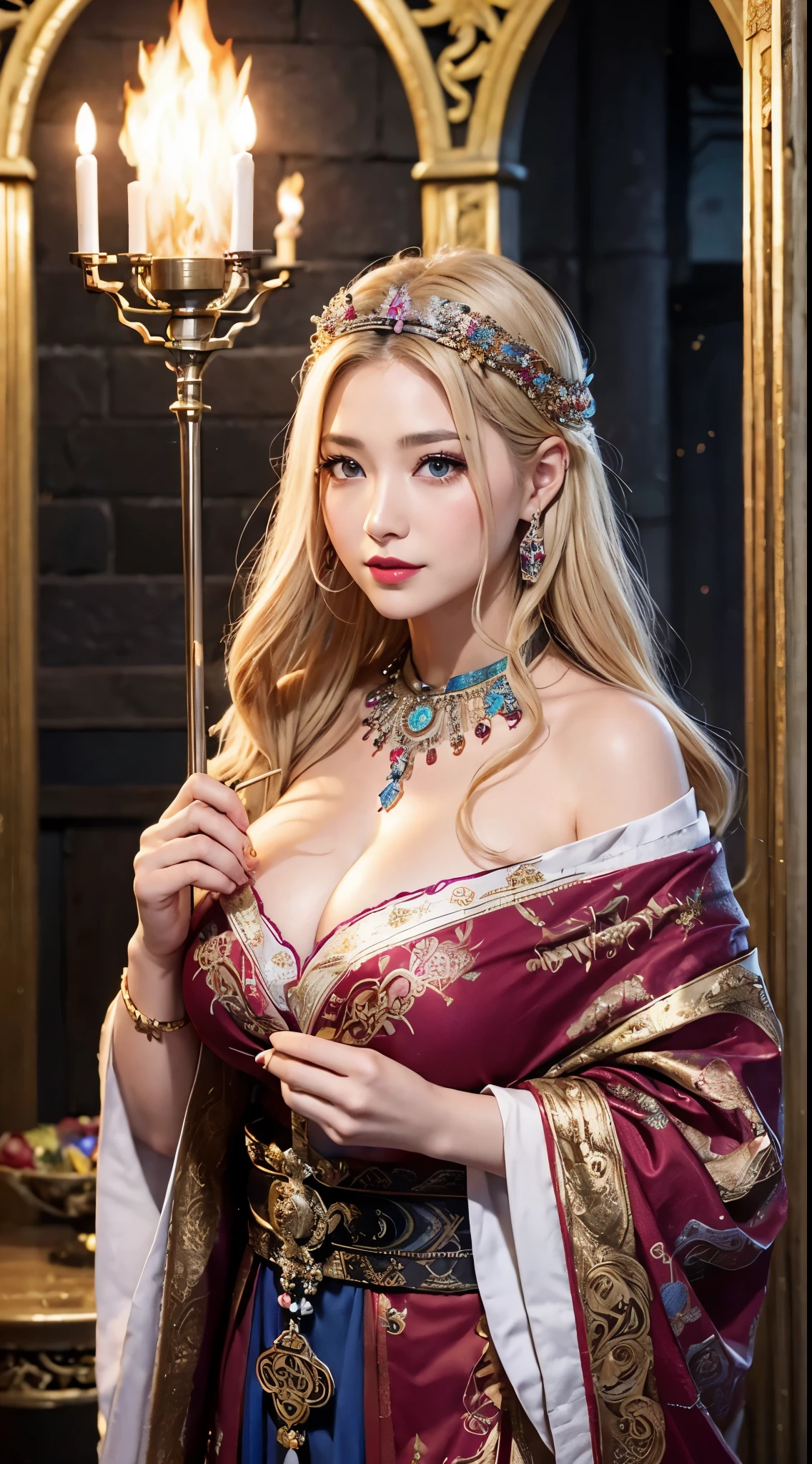 (hyper realstic)、Ancient priestess、古代のFemale Shaman、
immensity Beautie high-level image quality hight resolution Realistic Shorthair a blond、 a blondの女性、A MILF、Middle-aged woman、((Big big))、detailed skin textures、超hight resolution、Realistic、Voluptuous body shape、A smile、Middle-aged beauty、Beautiful expression、With detailed red-black areola 、little purple ailfi long blonde hair、Kamimei、非常に繊細でdetailed skin textures、35Female Shaman、{(Ancient ornate and luxurious temples)、(A lot of torches are burning)}、Ancient priestess、Large cleavage、Large open neckline、big red lips、(Colorful and glamorous clothes and luxurious accessories)、I have an ornate platinum wand、