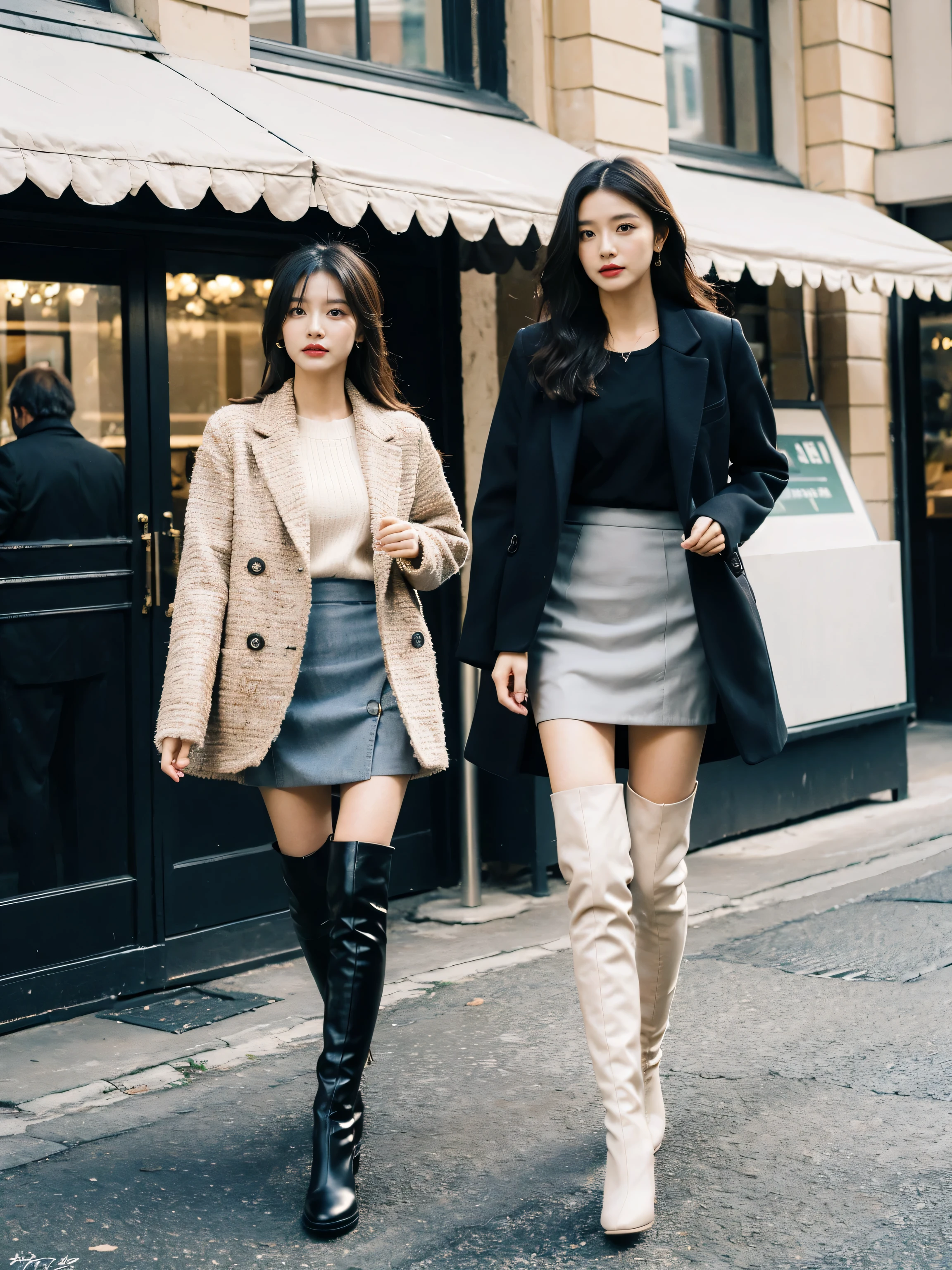 Best quality at best,tmasterpiece,超高分辨率,(actual:1.4),RAW photogr,hyper HD,8K,There is one girl,Stylish clothes,Chanel style,Stylish skinny suit, wearing jacket and skirt,high-class fashion,ellegance, short skirt and a long jacket, tigh-high boots,Over-the-knee boots,Casual pose,legs long