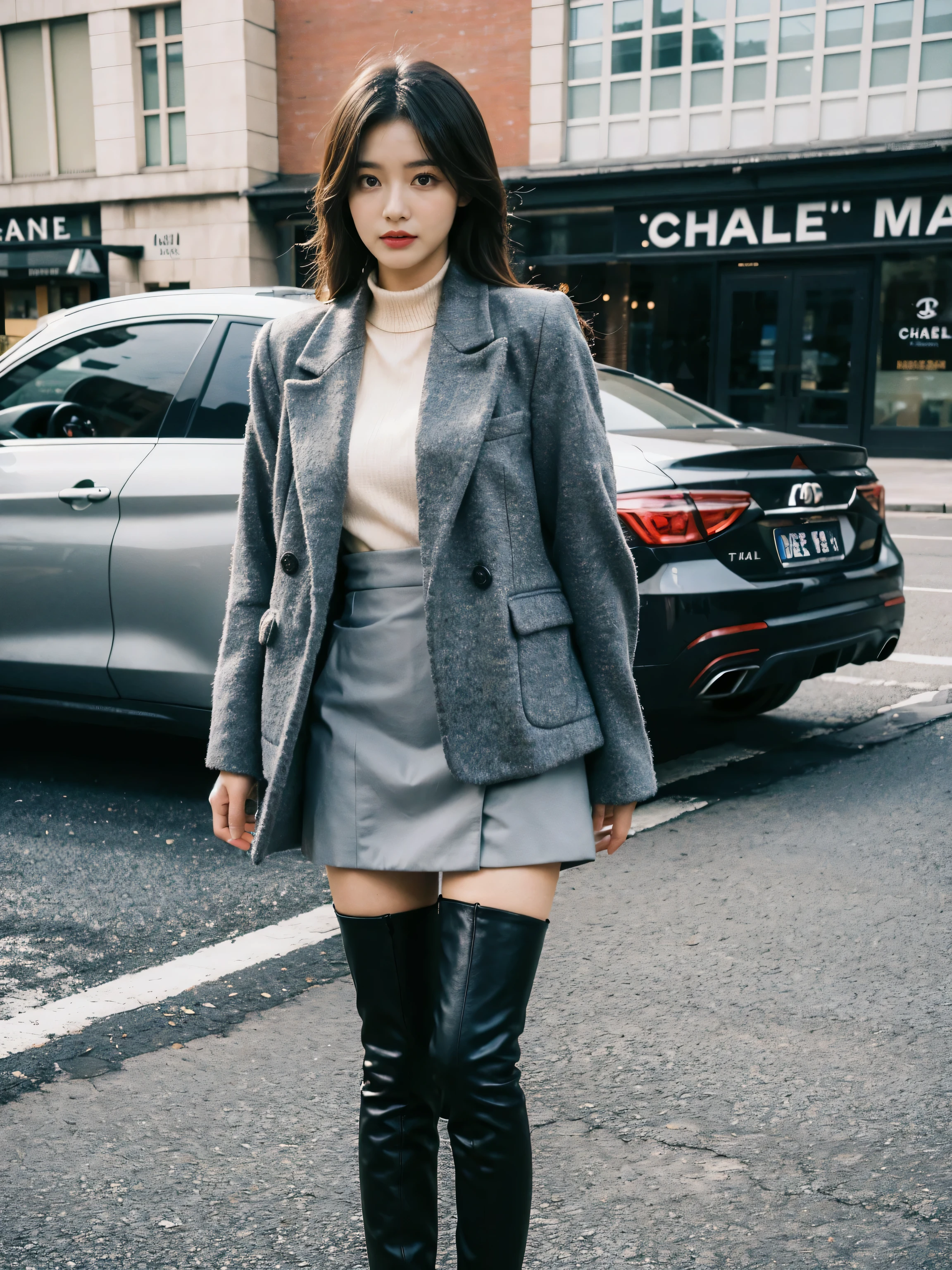 Best quality at best,tmasterpiece,超高分辨率,(actual:1.4),RAW photogr,hyper HD，8K，There is one girl，Stylish clothes,Chanel style，Stylish skinny suit, wearing jacket and skirt,high-class fashion，ellegance, short skirt and a long jacket, tigh-high boots，Over-the-knee boots，Casual pose，legs long