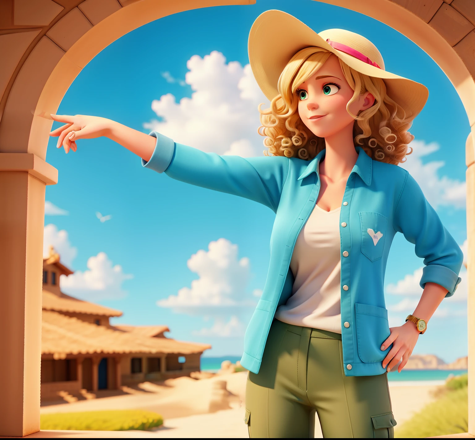 cartoon of a woman named Liz Legge standing, ((looking left)), ((curly blonde hair)), blue sun hat, pink_shirt, khaki_pants, highly detailed, masterpiece, very realistic