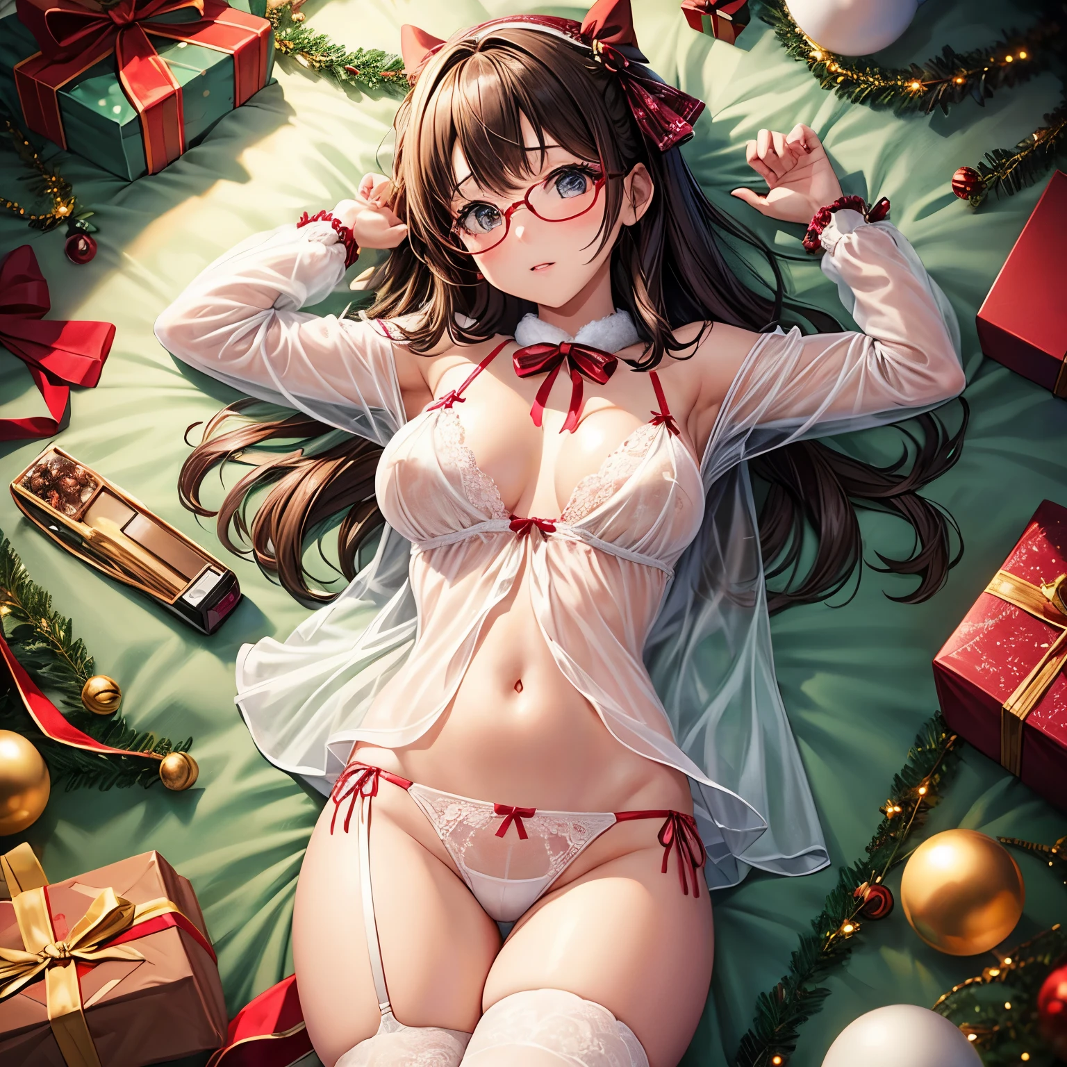 Christmas、Christmasツリー、girl with、Sensual underwear、see -through、Large ribbon、gift me、Shy look、eye glass、an lingerie、