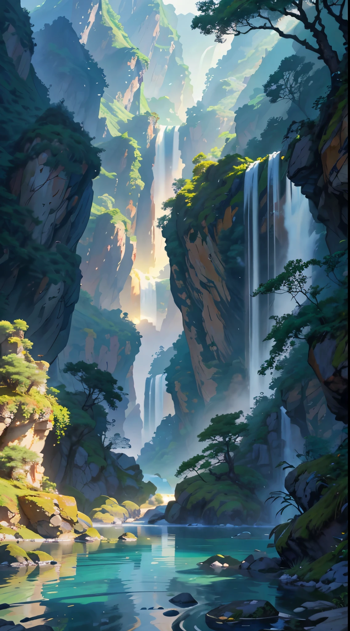 Chinese ancient times, spring, jungle, lake, cave, waterfall, tree, meadow, rock, deer, hot spring, water vapor, (illustration: 1.0), epic composition, realistic lighting, HD details, masterpiece, best quality, (very detailed CG unified 8k wallpaper) --v 6