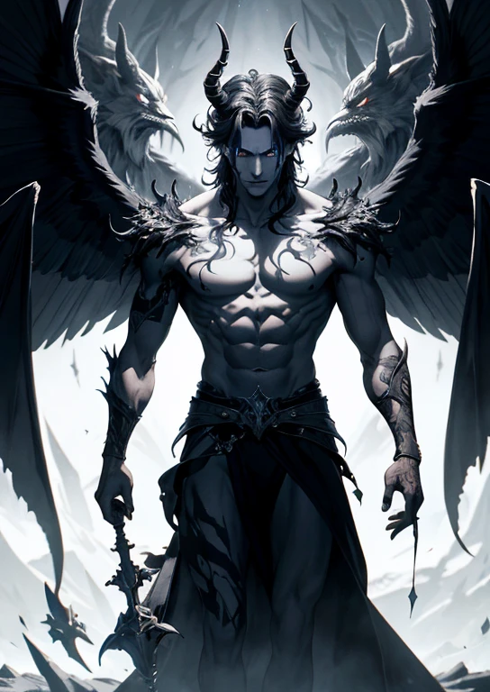 8k, complex, elegant, highly detailed, majestic, digital photography, surrealist painting, beating magic, hellscape, skull throne, (masterpiece, side light, fine beautiful eyes: 1.2), HDR, (glowing eyes), naked body, robe, demonic tattoos, black hair, muscles, tan skin, flaming crown, horns, handsome, facing the camera, full body, floating, masculine, masterpiece, (21 years old, mature face), hades, Lucifer, prince of darkness