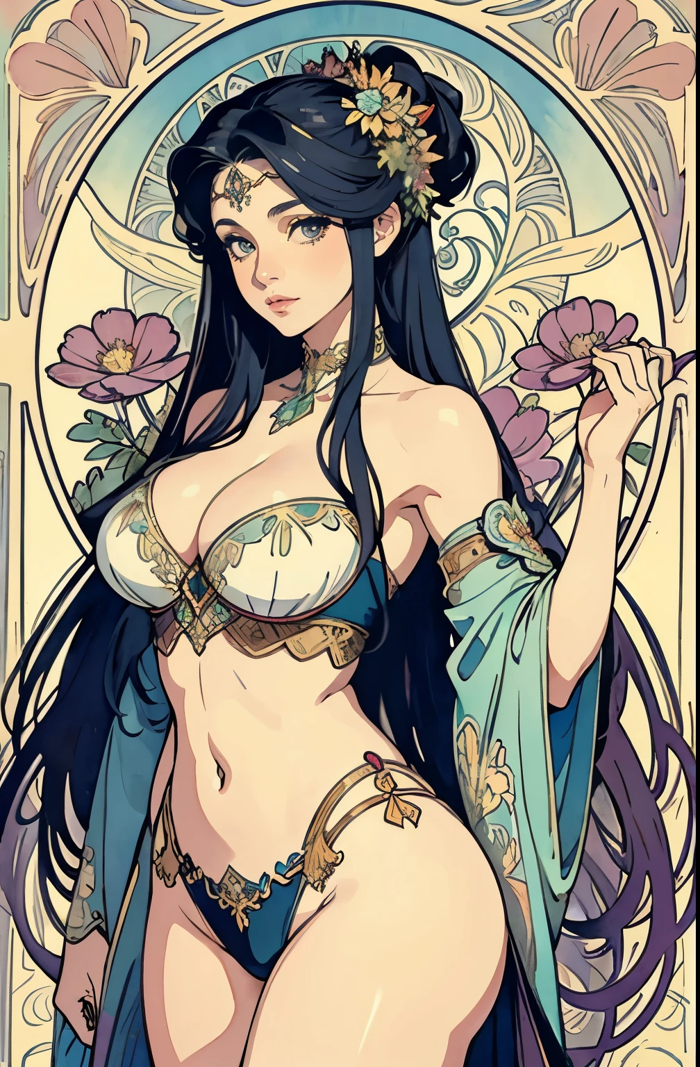 ((masterpiece)), (best quality), (cinematic), art nouveau, ((watercolor painting), Goddess, large breasts, big eyes, long thick eyelashes, cleavage, full lips, long thick hair, high ponytail, accessories, featuring intricate designs and patterns in the style of Alphonse Mucha.