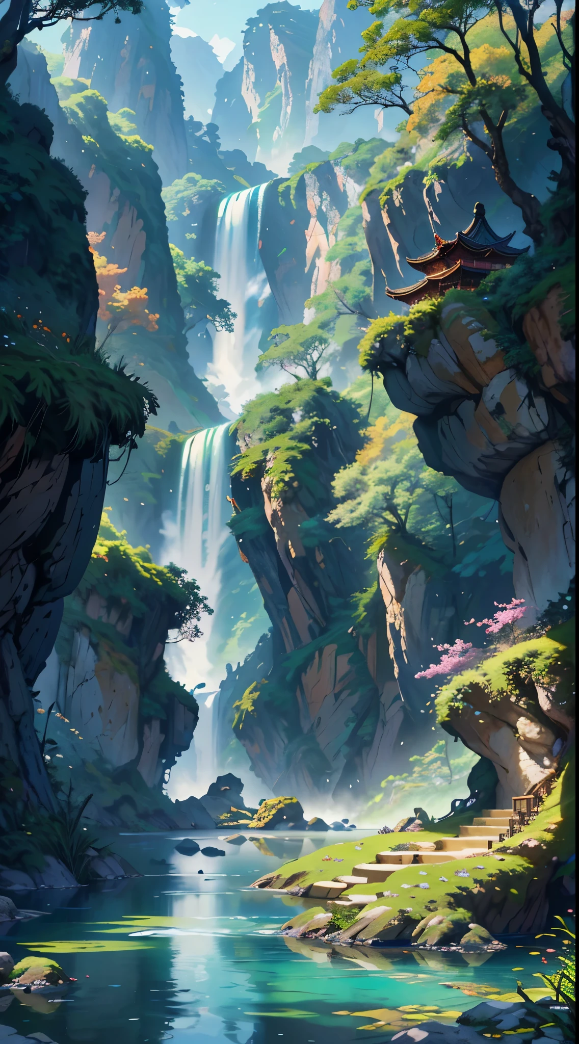 Chinese ancient times, spring, jungle, lake, cave, waterfall, tree, meadow, rock, deer, hot spring, water vapor, (illustration: 1.0), epic composition, realistic lighting, HD details, masterpiece, best quality, (very detailed CG unified 8k wallpaper) --v 6
