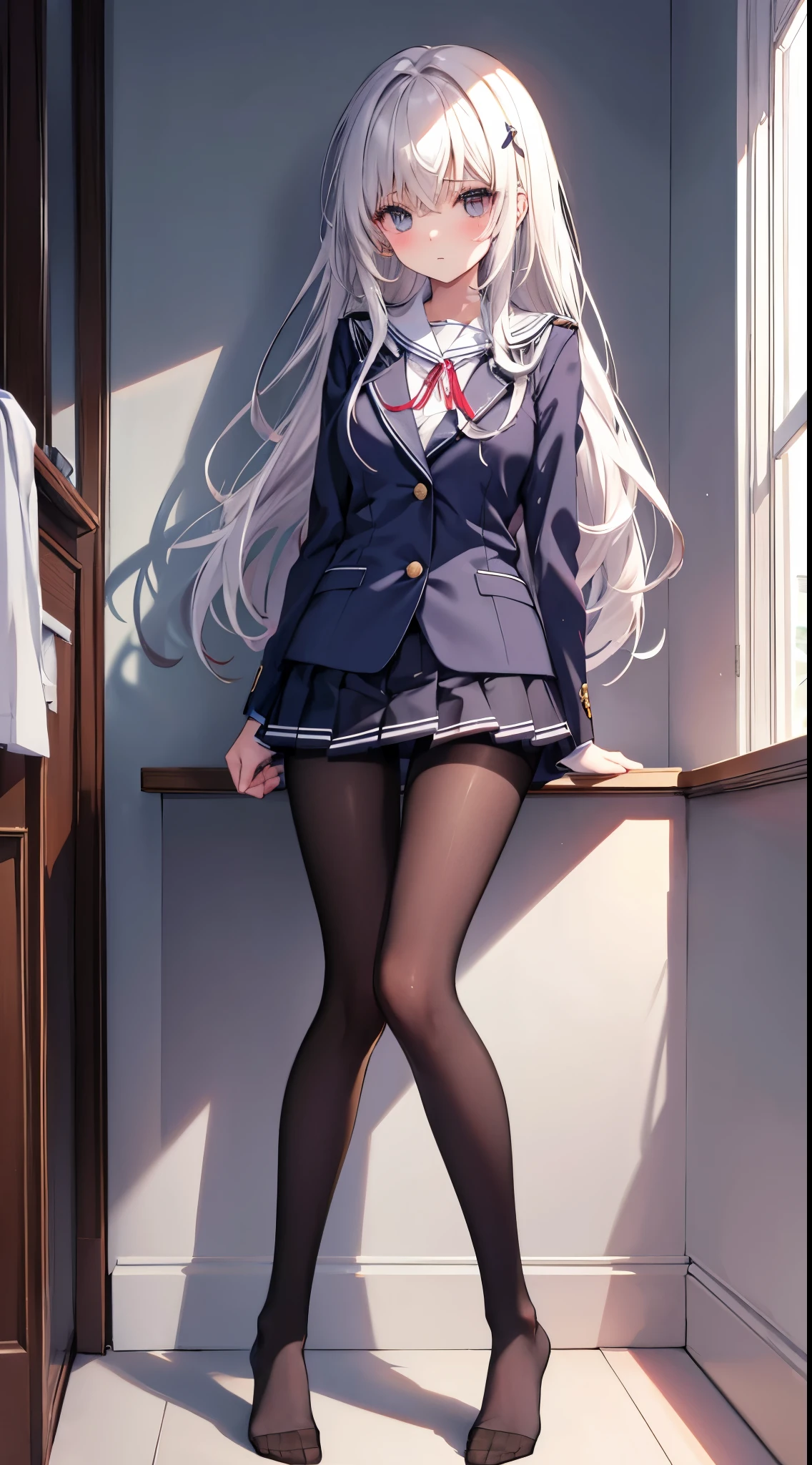 Finest, masterpiece, high definition, (full body), frontal, symmetrical, mature high school girl, solo, (full body from head to toe), small breasts, long hair, slightly messy hair, (black tights), ( (black pantyhose), black pantyhose, composition showing white panties, slender beautiful legs, a very beautiful -yeld gi(not wearing shoes) legs), blushing, shy big eyes, messy hair, looking at camera, showing white panties, white frilly lingerie, high school uniform blazer, high school uniform White blouse, high school uniform with blue ribbon, high school uniform with short plaid pattern and navy pleated skirt