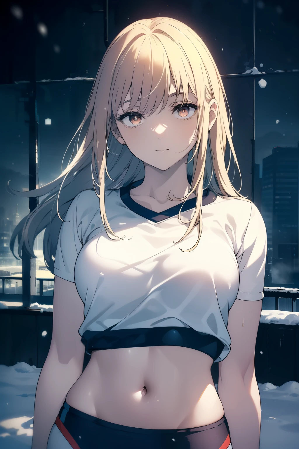((Obra maestra, La mejor calidad, ultrahigh resolution)), (((a girl in a gym uniform, blue Japanese ladies gym unform, ash _blonde:1))), long hair cut, pale skin, ((brown eyes)), glowing_eyes, neon eyes, (ultra detailed eyes:0.7, beautiful and detailed face, detailed eyes:0.9), ((centered)), ((cute smile, pretty)), facing viewer, eye level, ((vibrant background, snowy landscape, cityscape, snowing)), flat chested, looking at viewer, ((half closed eyes)), ((perfect hands)), (((head:1, arms, hips, elbows, in view))), ((hands behind back)), empty eyes, beautiful lighting, outside, outdoors, background, defined subject, 18 years old, (head tilt)