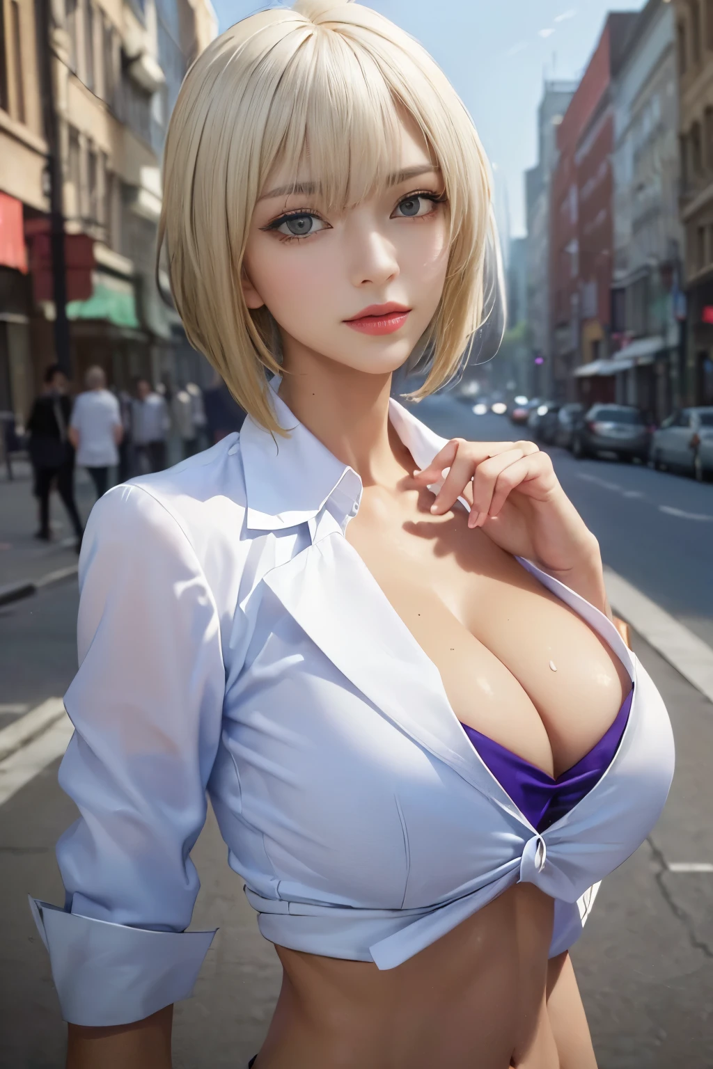 ((Best quality, 8k, Masterpiece :1.3)), Sharp focus :1.2, A pretty woman with perfect figure :1.4, Slender abs :1.2, ((Layered haircut, Big breasts :1.2)), (Blazer over very thin white button up shirt :1.1), City street:1.2, Highly detailed face and skin texture, Detailed eyes, Double eyelid