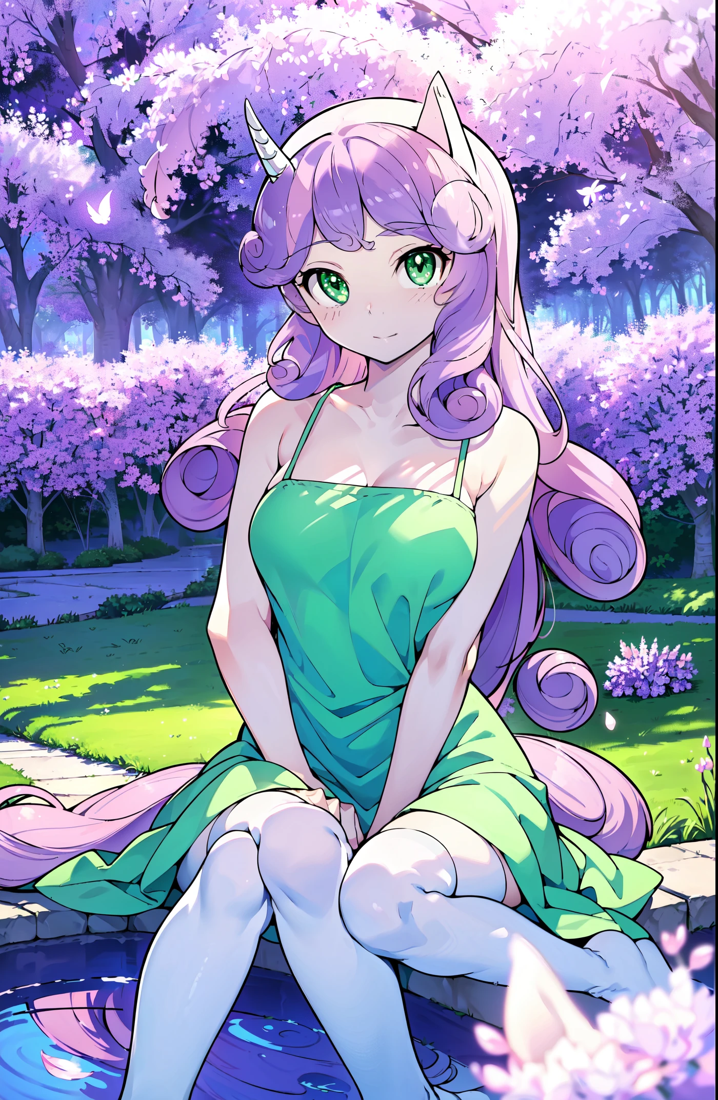 Sweetie belle, sweetie belle from my little pony, sweetie belle in the for of a young girl, solo, 1 girl, in a mythical garden: 2.0, ((light pink and purple hair, coil curls: 2.5, dark green heavenly eyes: 1.5, wearing a green and white dress, happy: 1.5, soft smile, her surroundings are ethereal, ((ultra realistic high quality top quality 4k)), one white thin really thin unicorn horn in her forehead: 3.0, bright sunny day: 1.urple and green flowers everywhere: 3.2, bushes, POND WITH LILY PADS: 3.0, jacaranda trees: 2.0, highly detailed jacaranda trees, green grass: 1.3, wearing a white summer hat with purple ribbon, summer dress with flower patterns, dainty features: 2.0, petite like features: 2.0 two white cat ears: 1.0, ONE WHITE THIN THIN REALLY THIN HORN ON HER FOREHEAD, two white cat ears, pure white skin, green thigh high, highly detailed legging, purple heel, shiny hair, slightly shiny skin, sun rise, morning, shining ponds, lavender flower everywhere, shining eyes, soft gentle smile cute pink soft light blush,