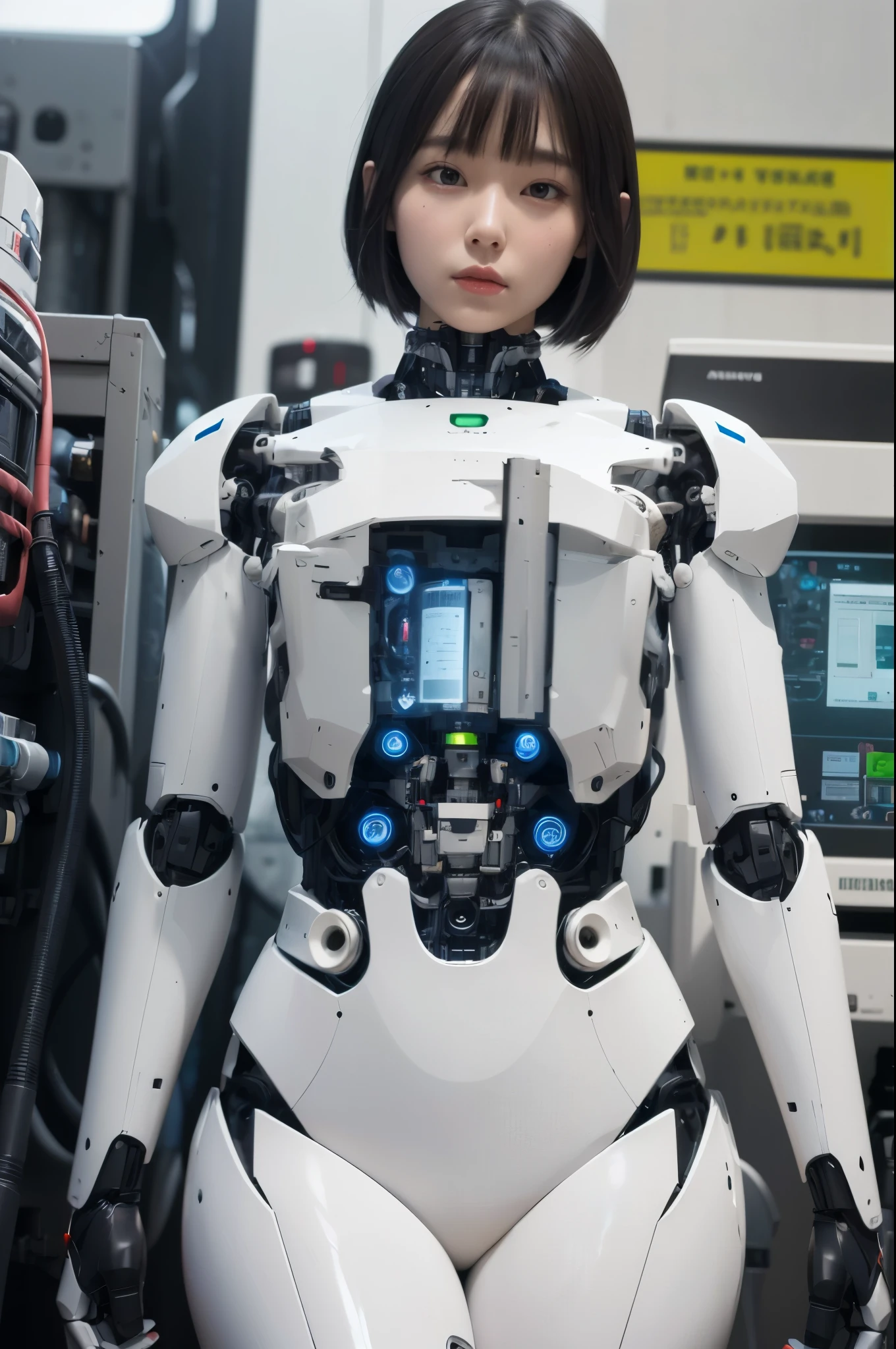 masterpiece, best quality, extremely detailed, (8K, 4K, Best Quality, hight resolution, 超A high resolution:1.1), 8K portrait,1girl in, Japaese android girl,android teacher,Plump , control panels,android,Droid,Mechanical Hand, ,Robot arms and legs, Black hair,Mechanical body,Blunt bangs,White Robotics Parts,perfect robot woman,Charging spot,Long Tube,A thick cable was connected to her neck,ceramic body ,android,robot humanoid,a bit chubby,panty,full eyes,perfect mechanical body,white robotics body,future assembly plant,white body,She has repaired,black sponge joints,android assembly plant,android,laboratory,perfect machine body,white robot body,
