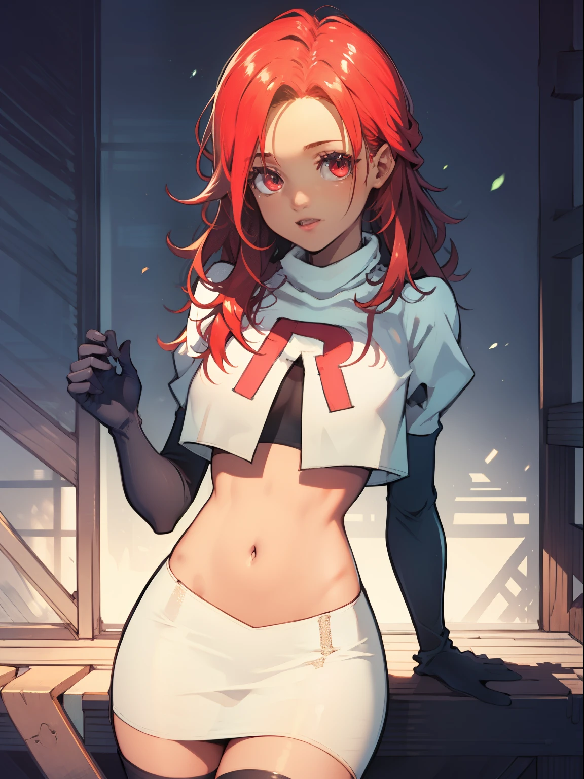 defHapi, team rocket, team rocket uniform, red letter R, white skirt, white crop top, black thigh-high boots, black elbow gloves, looking at viewer,