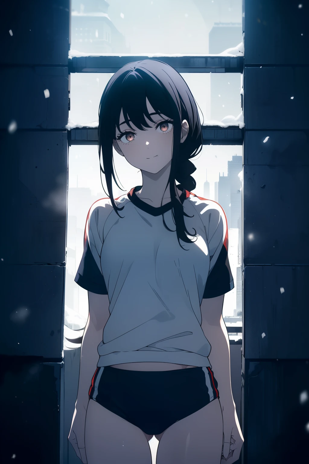 ((Obra maestra, La mejor calidad, ultrahigh resolution)), (((a girl in a gym uniform, blue Japanese ladies gym shortlack hair, dark black hair))), long hair cut, pale skin, ((brown eyes)), glowing_eyes, neon eyes, (ultra detailed eyes:0.7, beautiful and detailed face, detailed eyes:0.9), ((centered)), ((cute smile, pretty)), facing viewer, eye level, ((vibrant background, snowy landscape, cityscape, snowing)), flat chested, looking at viewer, ((half closed eyes)), ((perfect hands)), (((head:1, arms, hips, elbows, in view))), ((hands behind back)), empty eyes, beautiful lighting, outside, outdoors, background, defined subject, 18 years old, (head tilt)