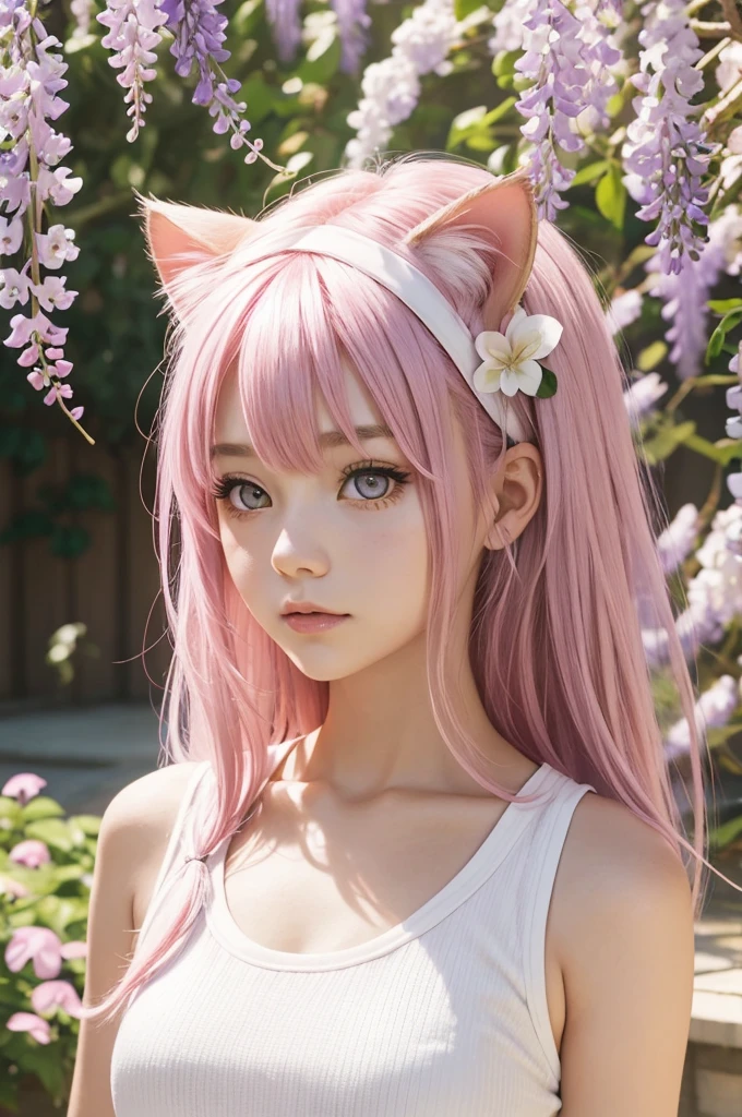1girl, solo, cute girl with pink hair, pink eyes, wisteria flower background, soft natural light, cat ears, sleeveless white shirt