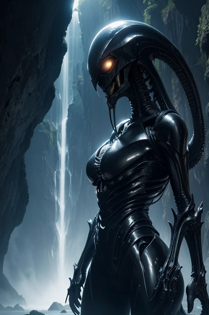 Beautiful Female Xenomorph, photorealistic style, creature, sci-fi, dark, sleek texture, shiny exoskeleton, biomechanical design, elongated head, elongated jaw, sharp teeth, piercing black eyes, slender body, biomechanical tail, translucent membrane, eerie atmosphere, lush alien landscape, vibrant flora, mysterious rock formations, atmospheric lighting, cascading waterfalls, ethereal mist, distant alien sky, captivating celestial bodies