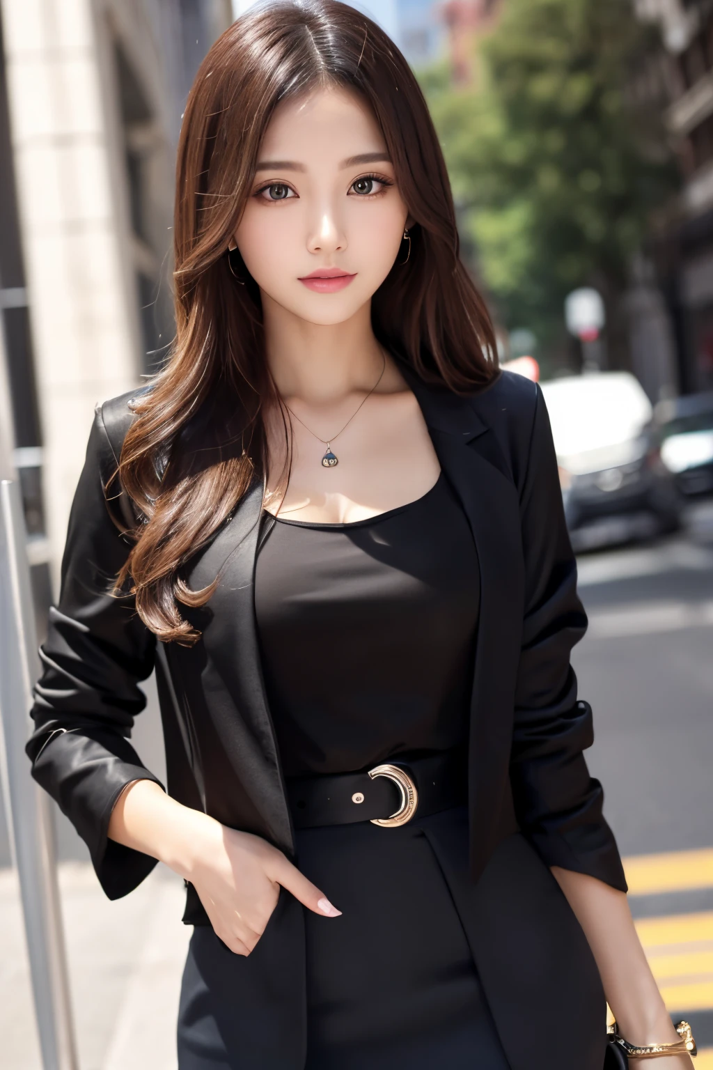 (Top resolution, Distinct_Image 1.2) 、(Beautiful girl with golden ratio face)、(very vivid eyes、earth eye 1.2)、great essentials, high detailing, Bob Hair、lipgloss、Very beautiful girl、 Solo, Beautiful girl like a model、(((Sheer blouse、Black jacket、Black Blazer)))、(Black tight skirt)))、pantyhose、high-heels