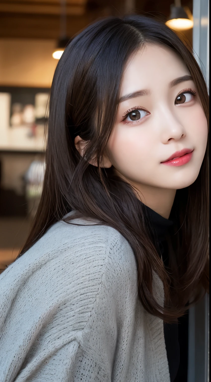 masutepiece, Best Quality, Illustration, Ultra-detailed, finely detail, hight resolution, 8K Wallpaper, Perfect dynamic composition, Beautiful detailed eyes, Gorgeous black fluffy Tokyo winter clothes,Medium Hair,small tits,Natural Color Lip, Bold sexy poses,Smile,cafes、20 years girl、Cute、Sexy shot looking at camera,Always blur the background,Perfect and beautiful face,Take only the face,beautiful and detailed face、slim face and style,Big eyes
