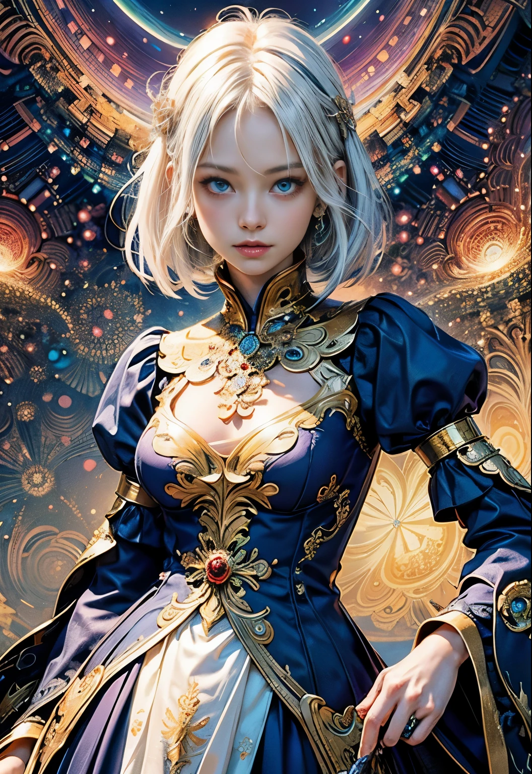 (masutepiece, of the highest quality, Best Quality, Official art, Beautiful and aesthetic:1.2), (1girl in), ighly detailed,(Fractal Art:1.3),Colorful,highest details, she has white hair and blue eyes, She has a magic wand,girl in the center of the photo, she is wearing a golden luxurious dress