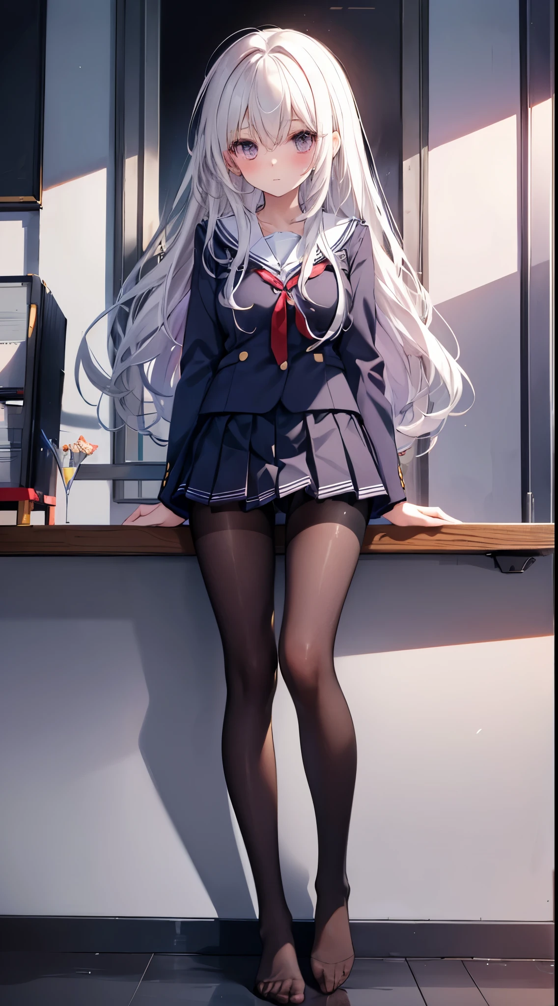 Finest, masterpiece, high definition, (full body), frontal, symmetrical, mature high school girl, solo, (full body from head to toe), small breasts, long hair, slightly messy hair, (black tights), ( (black pantyhose), black pantyhose, composition showing white panties, slender beautiful legs, a very beautiful -yeld gi(not wearing shoes) legs), blushing, shy big eyes, messy hair, looking at camera, showing white panties, white frilly lingerie, high school uniform blazer, high school uniform White blouse, high school uniform with blue ribbon, high school uniform with short plaid pattern and navy pleated skirt