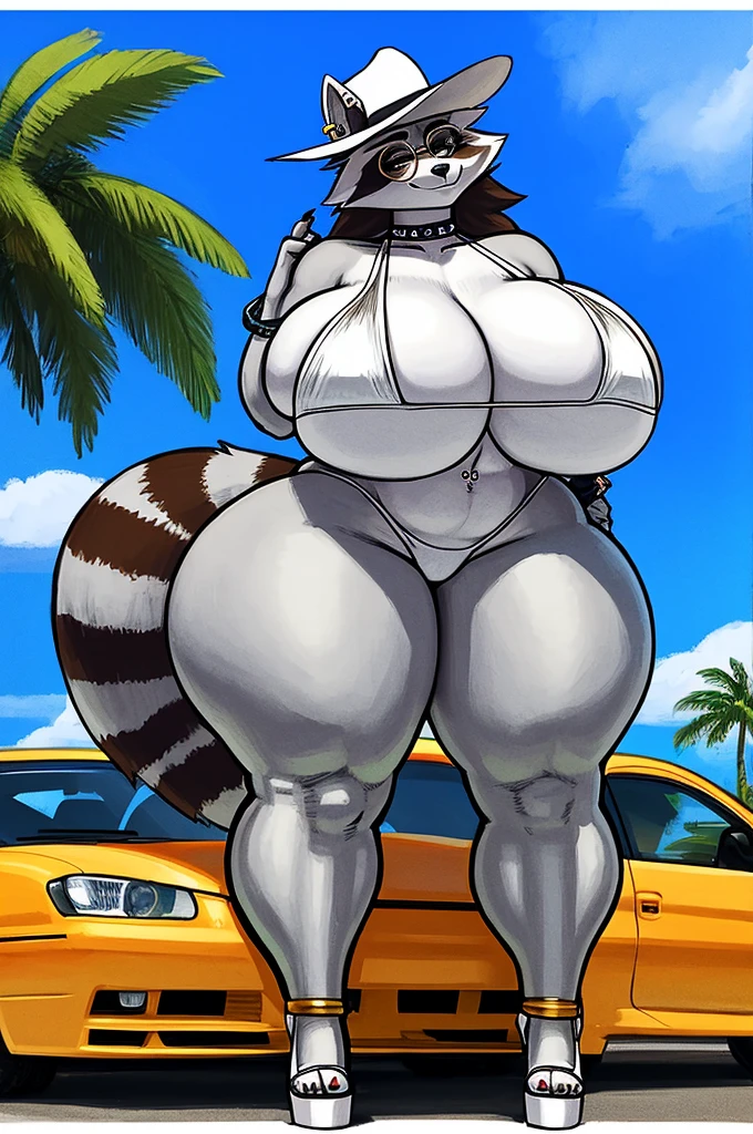 by sligarthetiger, (large breasts), (wide hips), (thick thighs), (big butt), (tall), (amazon), furry, anthro, raccoon, white high heels, best quality, illustration, tail, white car, car meet, white bikini, white inner ear, white thigh high heels, smirk, choker, race flag, toes, palm tree, white platform heels, wink, claws, grey body, piercings, white hat, hair, round glasses, body accessories,