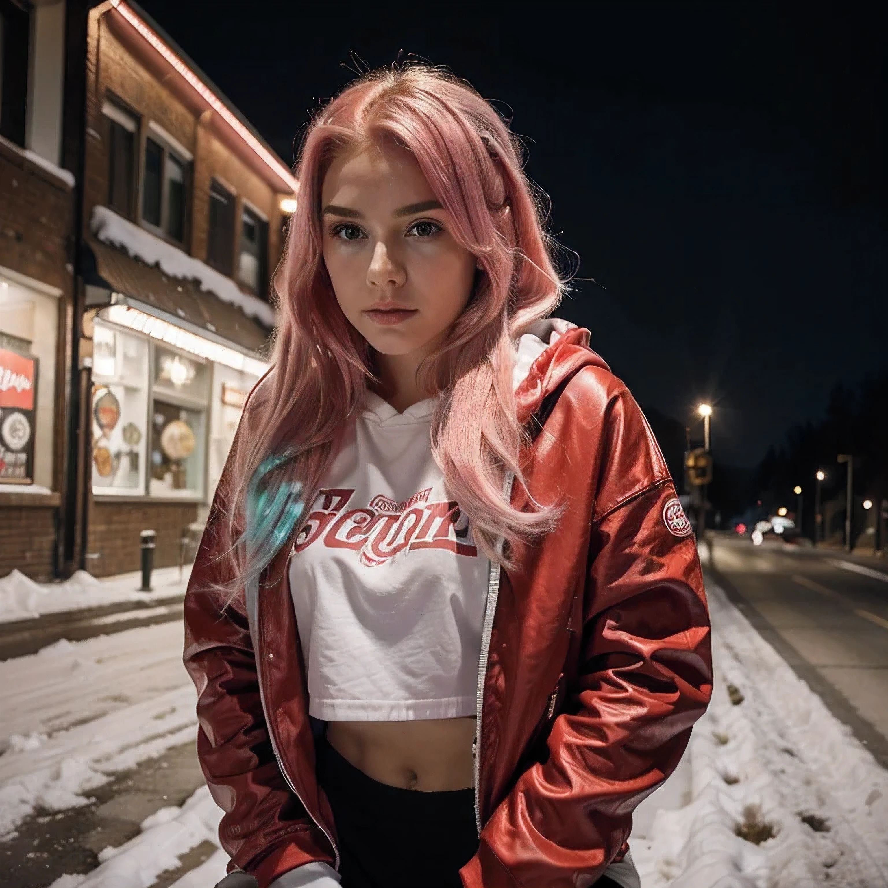 18 year old woman, with striking pink hair, ava max, with pink hair, kailee mandel, long flowing pink hair, pink wispy hair, flowing pink hair, pink hair, light pink hair, long pink hair, long hair, curly hair, hair falling in loose on shoulders in red riding a red motorcycle on a snowy road, sitting on a motorcycle, motorcycle, motorcycles, riding a motorcycle, 🚿🗝📝, motorbiker, huge ducati panigable v4 motorbike, dressed in a beautiful red hoodie and white jogger, red and cinematic lighting, julia sarda, dasha taran, portrait shot, by Niko Henrichon, it's winter time, snowy environment, close up picture, perfect shoot, red hoodie, hoodie, white jogger, jogger, led strips bike tires, led tires