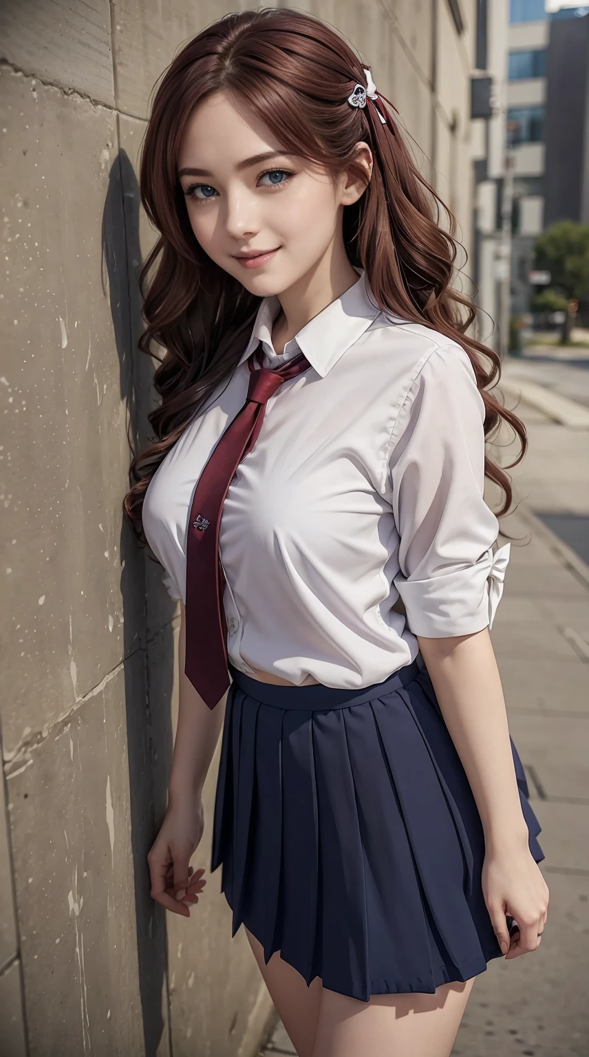 26 year old white woman、Hair color is reddish、Hair is wavy、Eye color is blue、Longhaire、A slender、a smile、セーラー服をis wearing、He wears an azuki-colored ribbon tie.、She's wearing a dark blue pleated skirt.、is wearing、I'm wearing pin heels、standing against an old concrete wall、a smile、Head-on perspective、Breast size