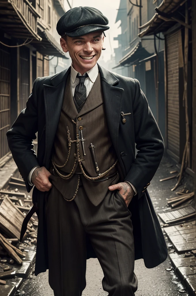 photo of (TCr3ws:1), a man as a Peaky blinder, (laughing with bare teeth:1.3), (face focus), modelshoot style, (extremely detailed CG unity 8k wallpaper), Intricate, High Detail, Sharp focus, dramatic, photorealistic painting art by midjourney and greg rutkowski , (walking on the slums of London), (wearing a peaked cap:1.1), (detailed pupils:1.2), (dinamic pose:1.2), (Peaky Blinders:1.2), (holstered gun), (hands on hips:1.2), (closeup:1.1)