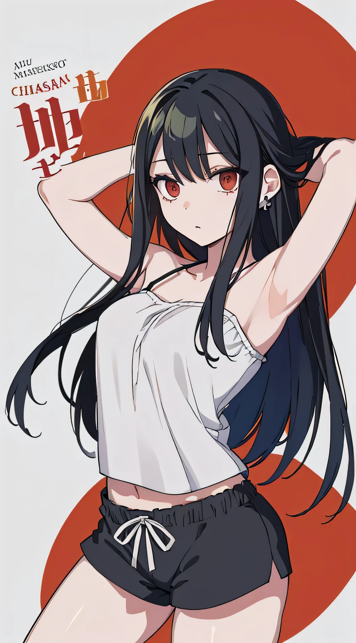 ,(masterpiece), (best quality), (ultra-detailed), (best illustration), (best shadow), (absurdres), 1girl, solo, Chihara, 1girl, solo, black hair, shorts, long hair, looking at viewer, black shorts, arms behind head, contrapposto, spread armpit, camisole, red eyes, breasts, earrings, short shorts, cowboy shot