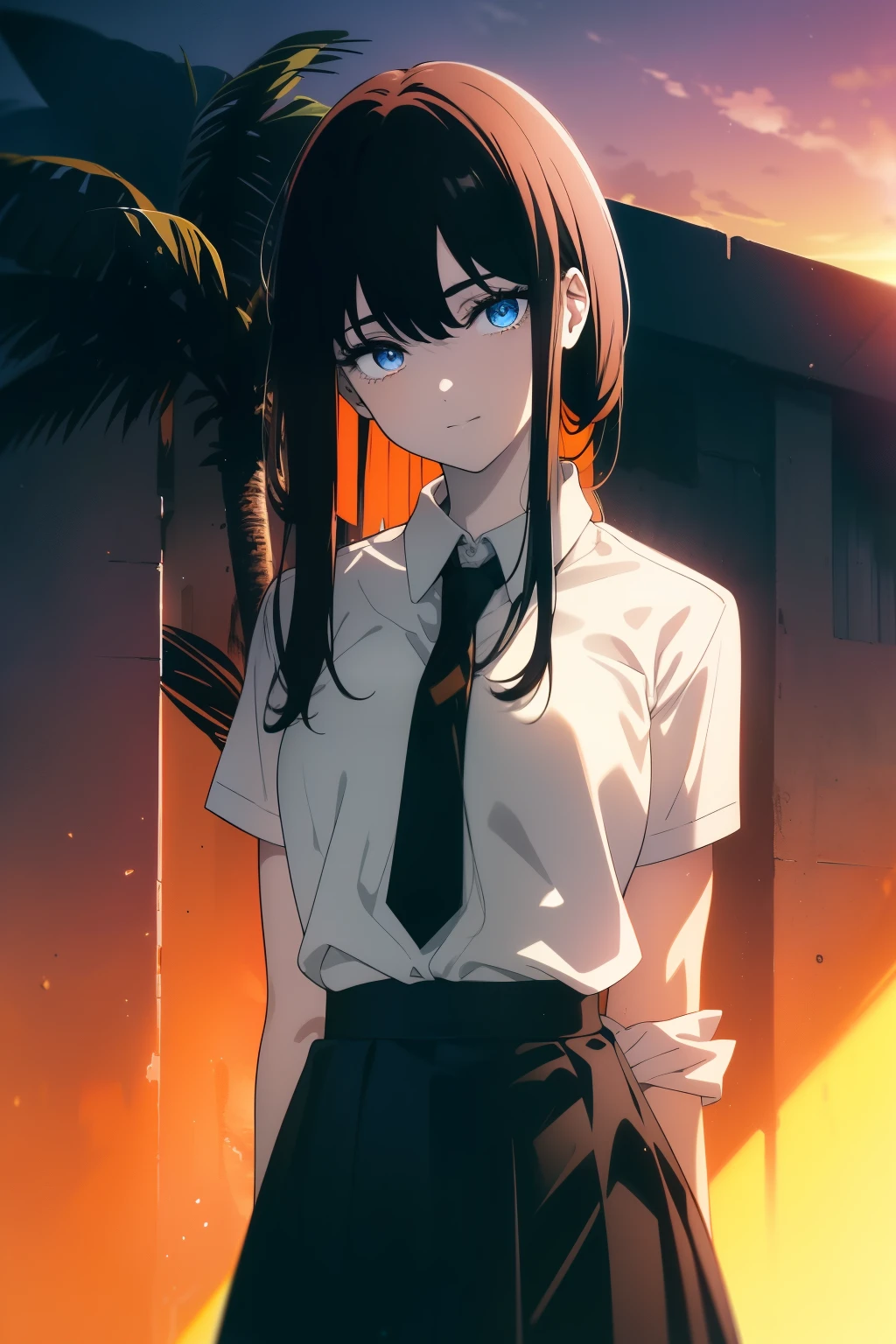 ((Obra maestra, La mejor calidad, ultrahigh resolution)), 1girl, standing, school uniform, white office shirt, black pleated skirt, ((jet black hair), long hair cut, pale skin, ((blue eyes)), glowing_eyes, neon eyes, ((ultra detailed eyes:0.7, beautiful and detailed face, detailed eyes:0.9)), ((centered)), smile, ((wide shot)), facing viewer, eye level, (((bright background, retro sunset, palm tree, orange hues in background))), flat chested, looking at viewer, ((half closed eyes)), ((perfect hands)), (((head:0.9, arms, hips, elbows, in view))), ((hands behind back)), empty eyes, beautiful lighting, outside, outdoors, background, defined subject, (25 years old), (head tilt)