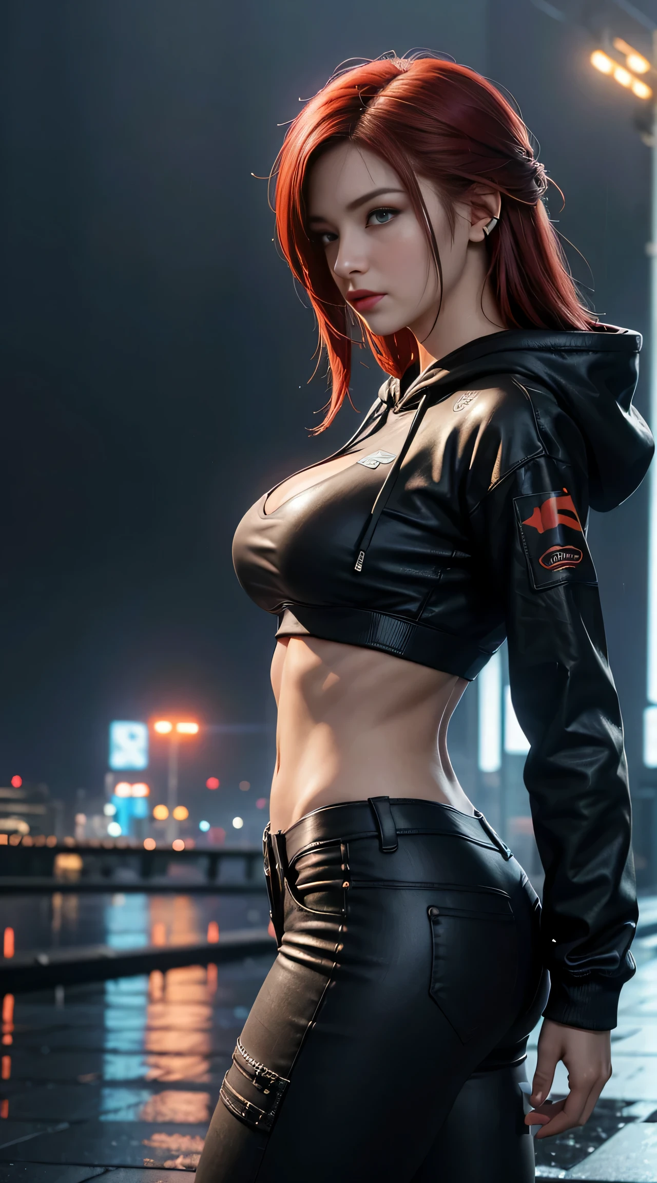 sfw, best quality, masterpiece, cinematic, realistic, cyberpunk, cyberpunk city, neon, volumetric lighting, black sky, (raining, thunderstorm), 1girl, (cyberpunk clothing, hoodie, pants, punk clothelowing red hair), water reflecting off ground, from behind, ((hidden face)),, wearing bra,((skinny waist)), young asian girl, ((big boobs)),
