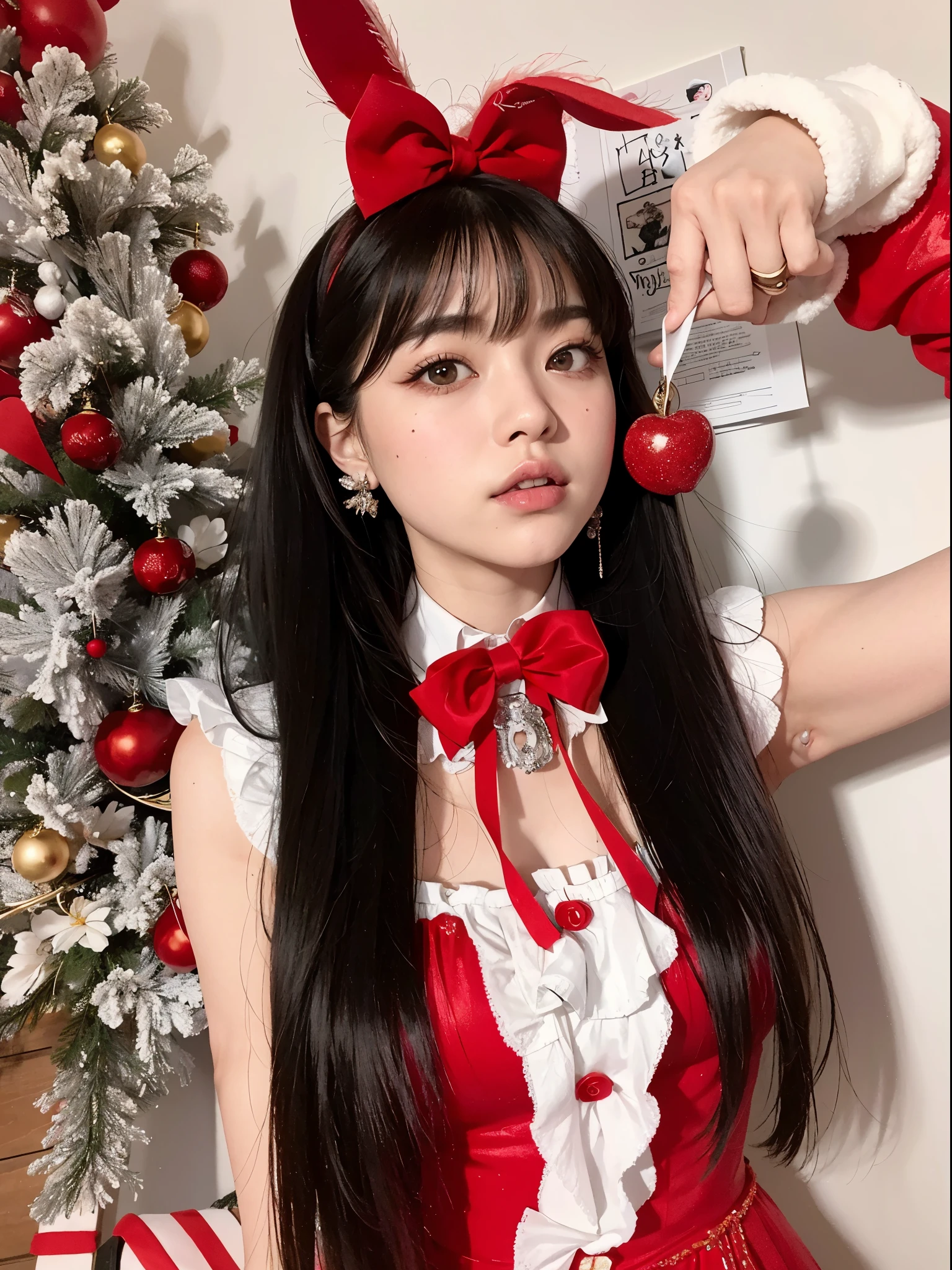 Chica araffe con un vestido rojo con un lazo rojo y un sombrero rojo y blanco., Lalisa Manobal, ulzzang, Lalisa Manoban de Blackpink, Sakimichan, Tohsaka also., Wan adorable cara coreana, con flequillo completo, con flequillo, Ruan lindo vtuber, long hair con flequillo completo
